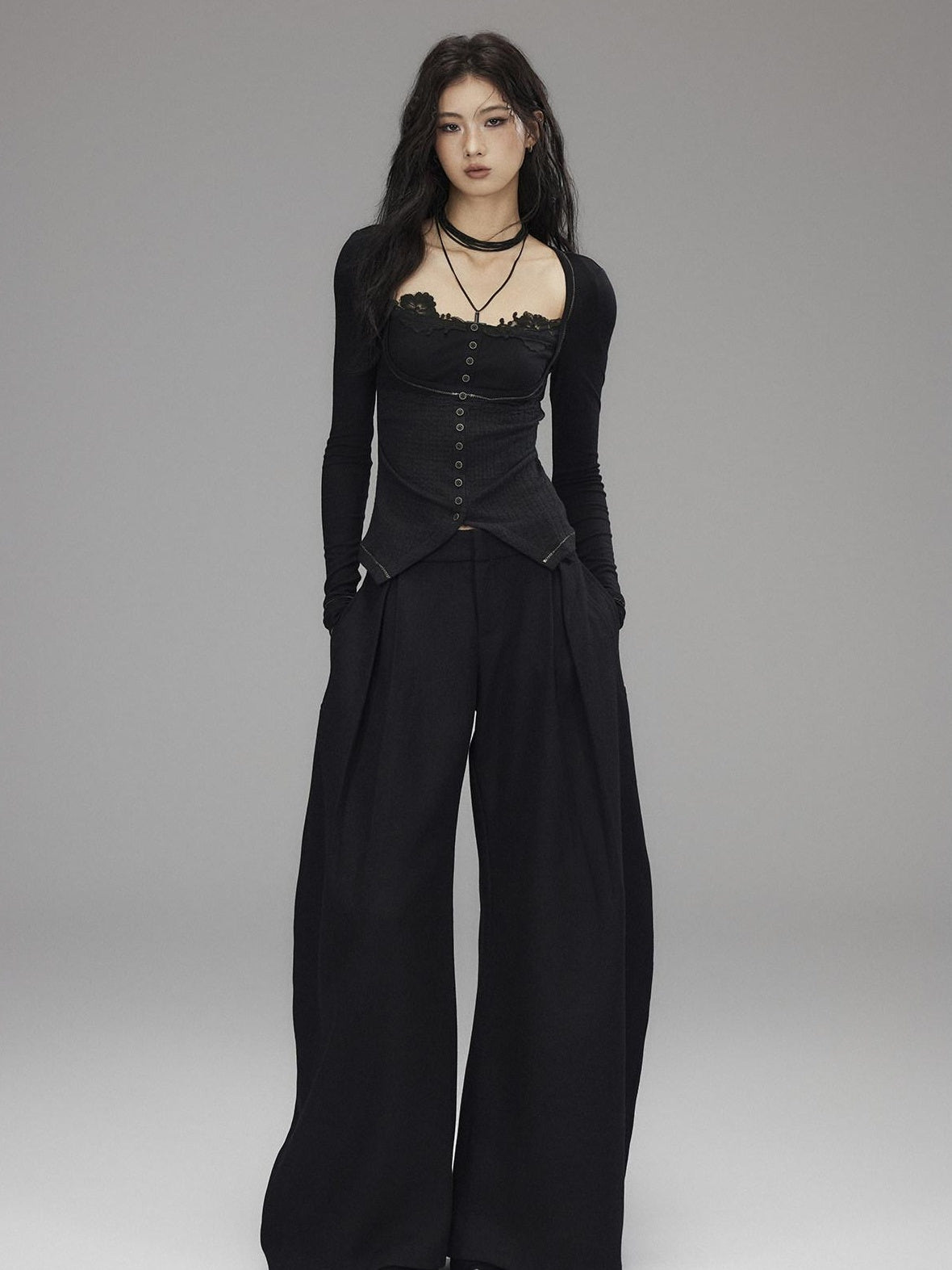 Low pixel Black Wool Blend Low Rise Zipper Casual Straight Hem Women Wide Leg Pants