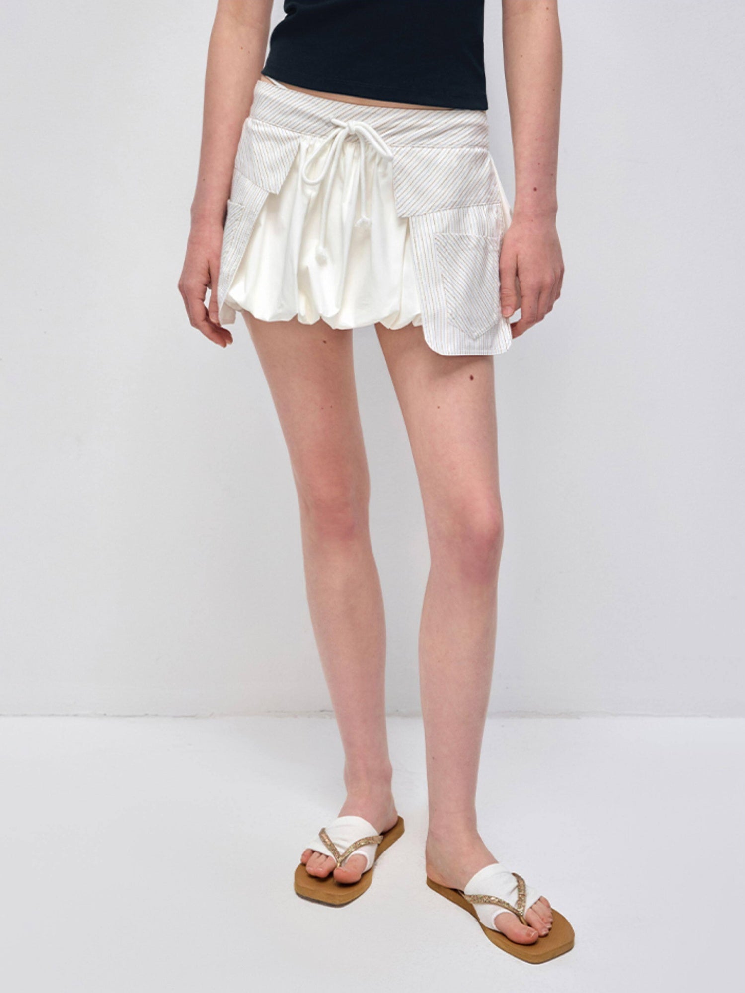 RUN TO THE FUTURE Original Minimal Cotton Lantern Low Waist Tie Pockets Women Short Trousers
