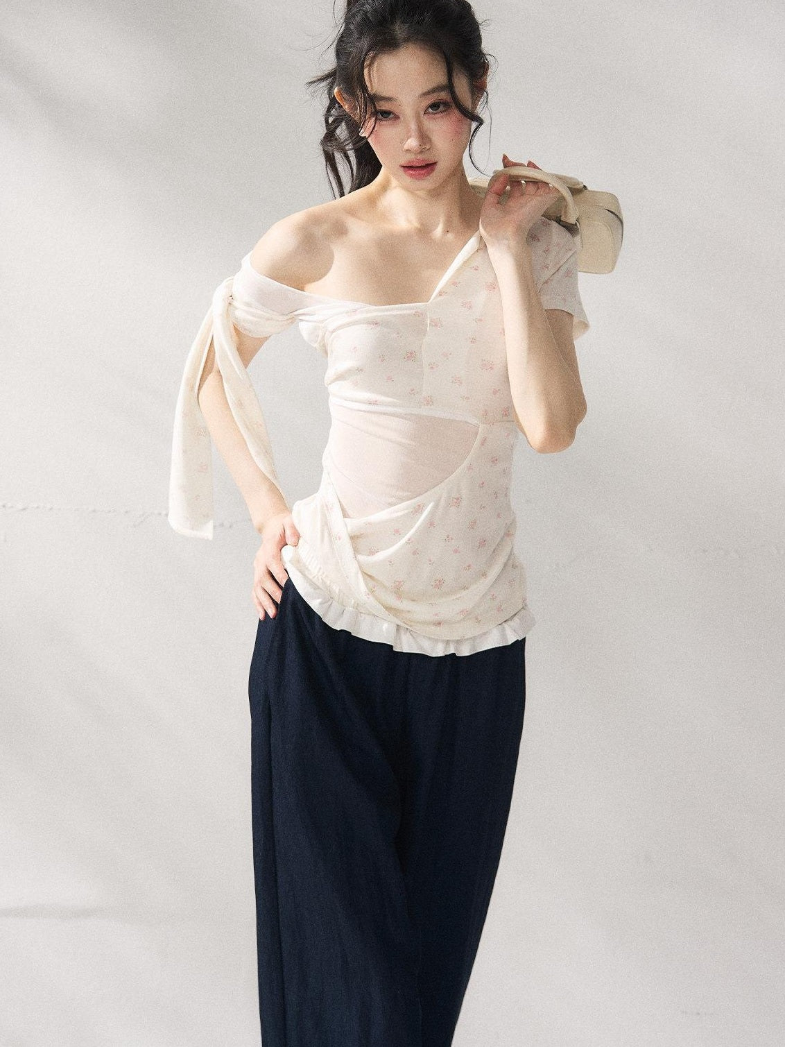 7Shiftin Floral Tie Slim Fit Casual Asymmetrical Neck Short Sleeve Women Basic Crop Tops