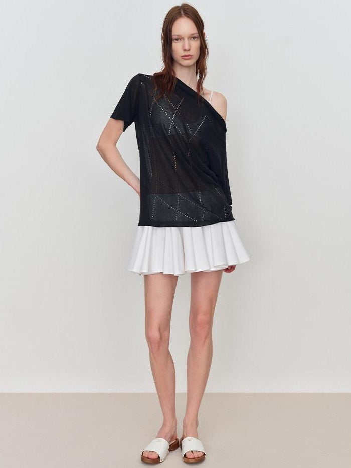 RUN TO THE FUTURE Viscose Knit Loose Cutout Slanted Neck Black Cross Print Short Sleeve T-Shirts