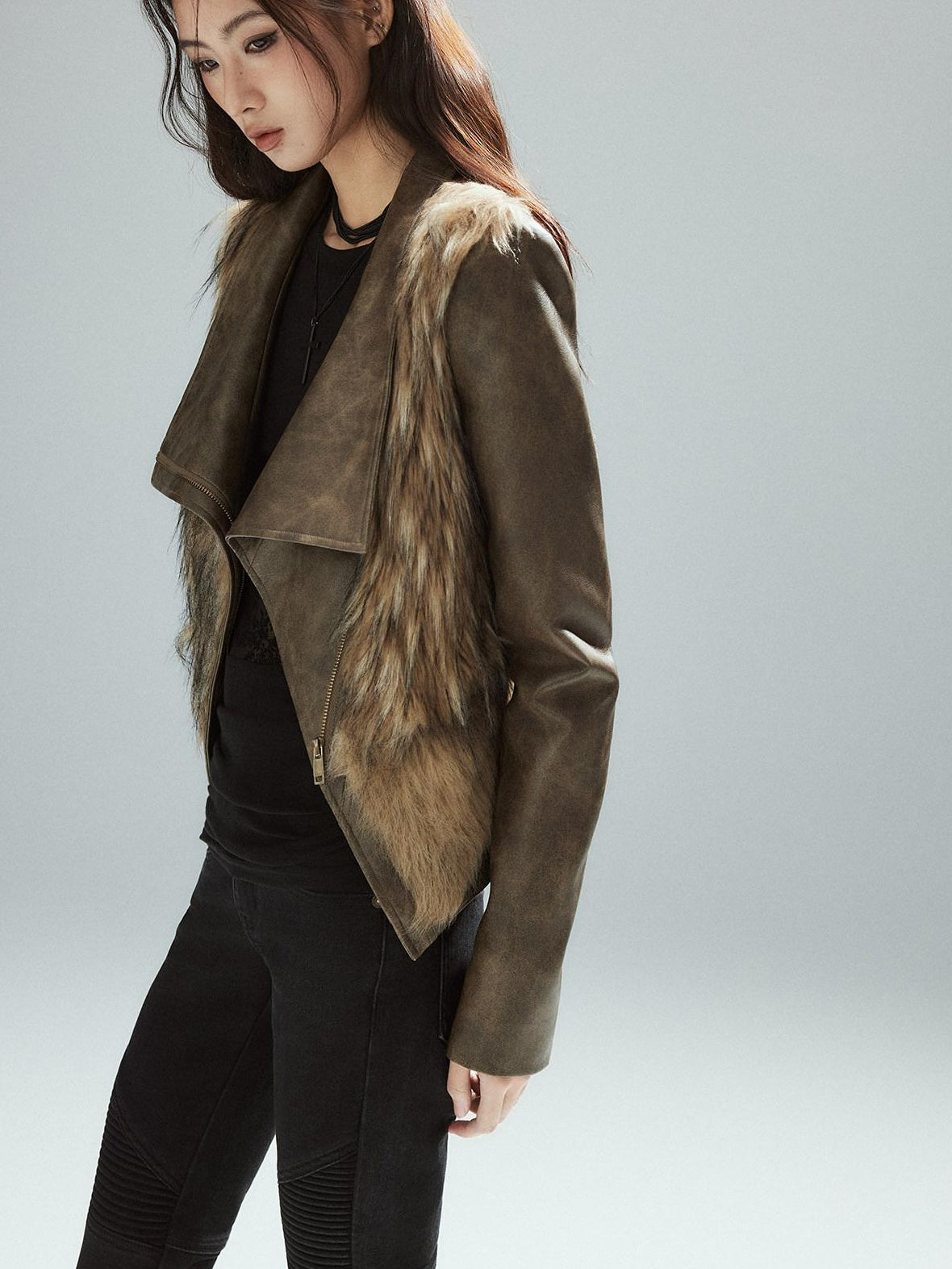 Low pixel Thick Waist Cinch Patchwork Street Style Women Brown Zipper Lapel Cropped Jackets
