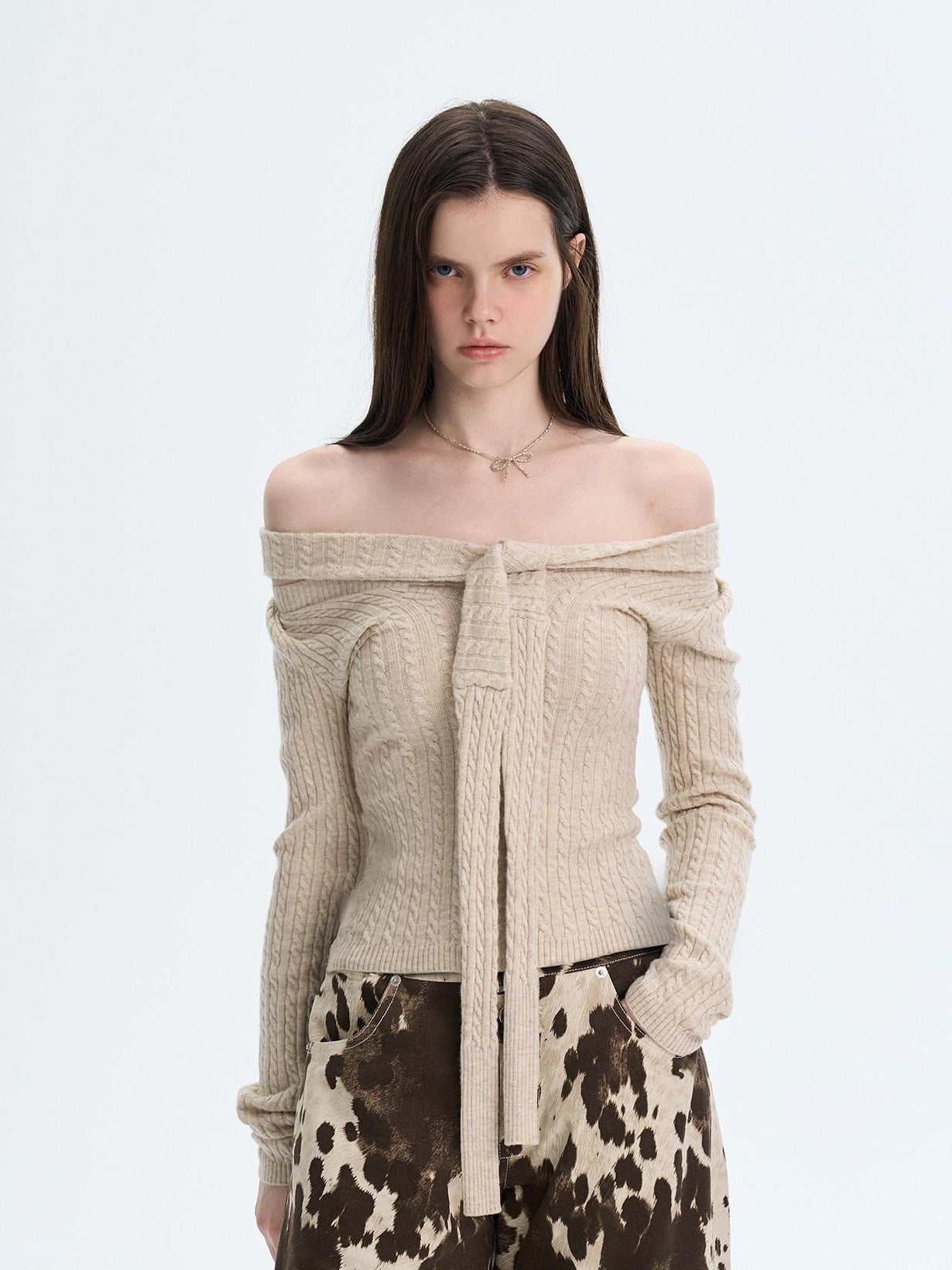 The NeverMore Khaki Wool Blend Slim Fit Layered Tie Detail Off Shoulder Pullover Sweaters