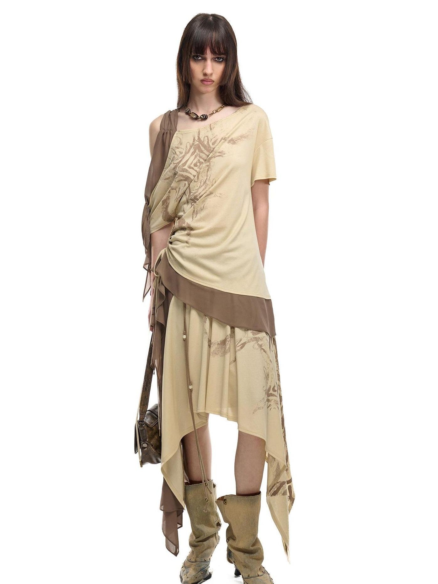 NORTH NODE Almond Gray Asymmetric Spliced Ruched Print Women&