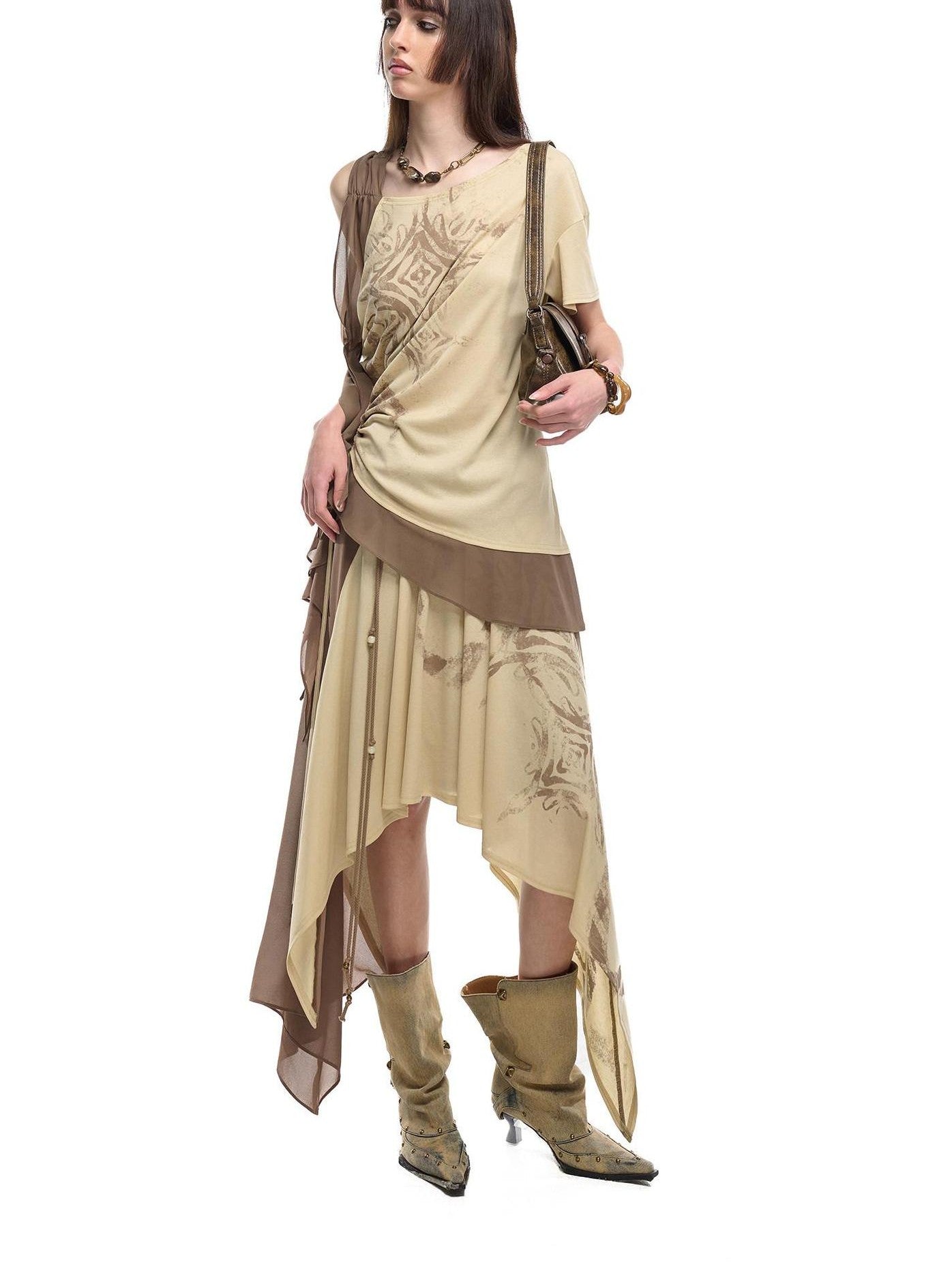 NORTH NODE Almond Gray Asymmetric Spliced Ruched Print Women&