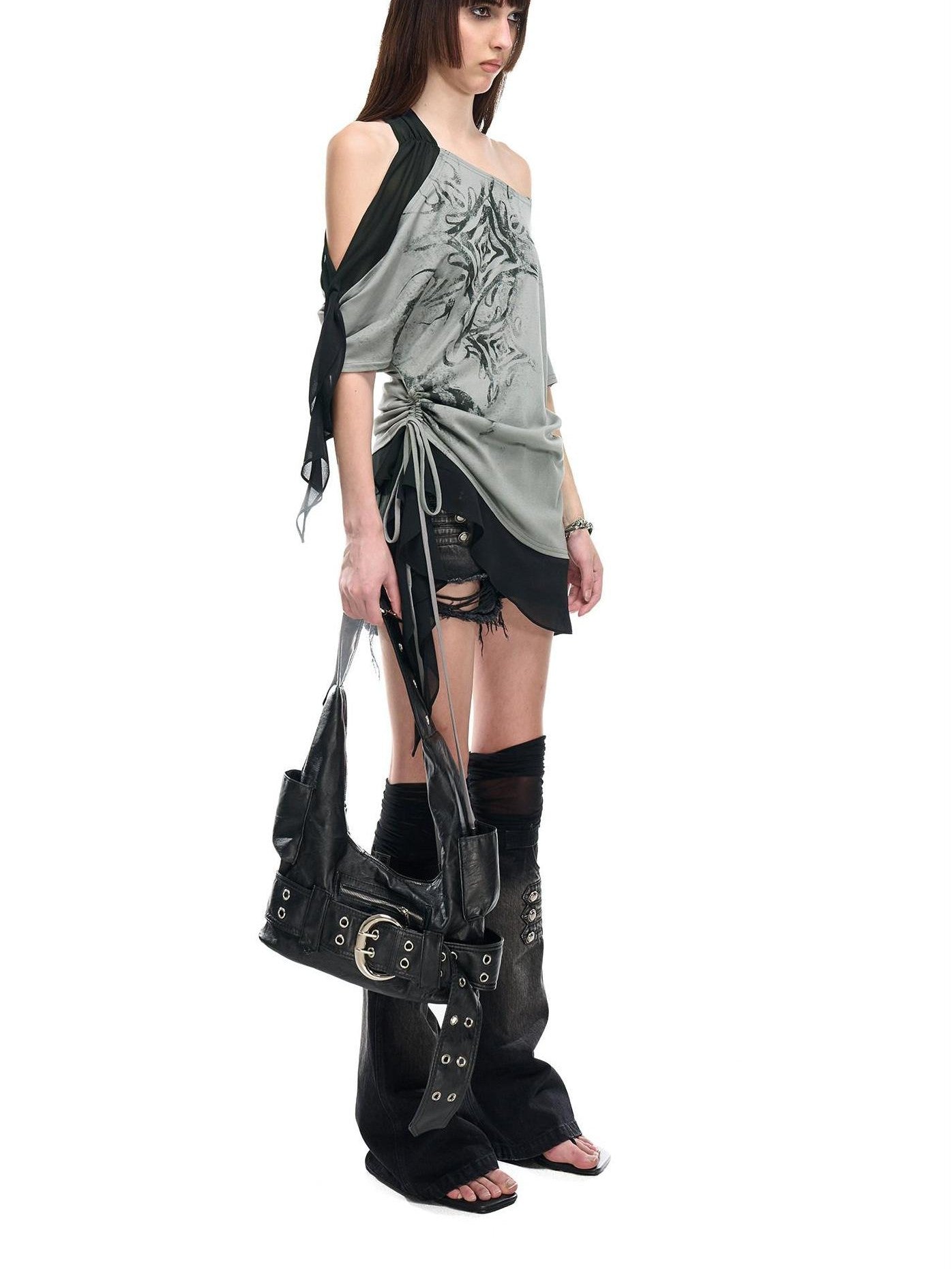 NORTH NODE Almond Gray Asymmetric Spliced Ruched Print Women&
