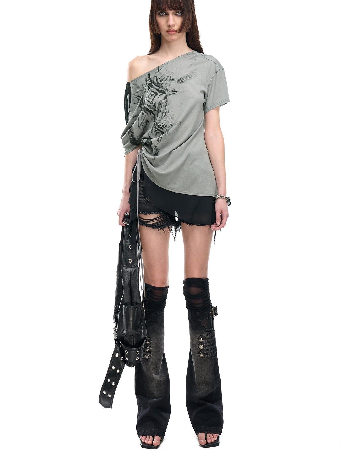 NORTH NODE Almond Gray Asymmetric Spliced Ruched Print Women&