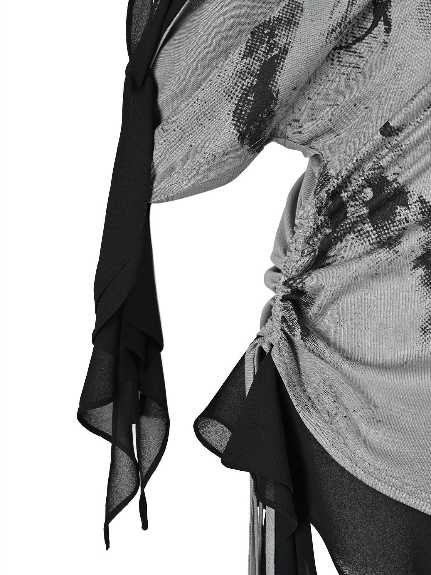 NORTH NODE Almond Gray Asymmetric Spliced Ruched Print Women&