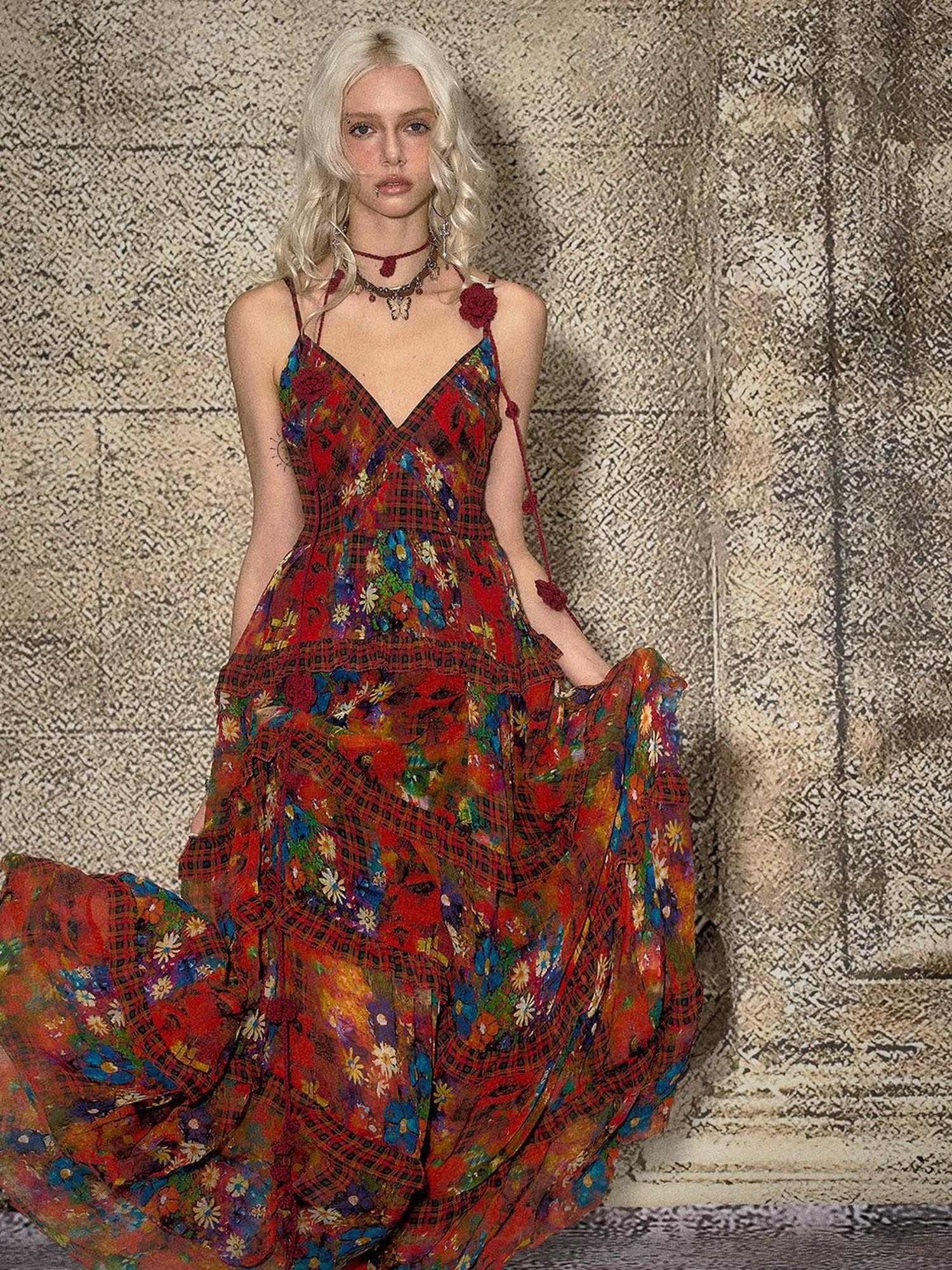 The NeverMore Vintage High Waist A Line Sleeveless V-neck Travel Polyester Maxi Dresses