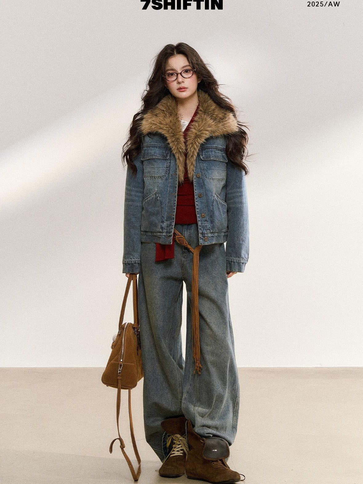 7Shiftin Warm Detachable Fur Collar Casual Cropped Women Long Sleeve Denim Jackets