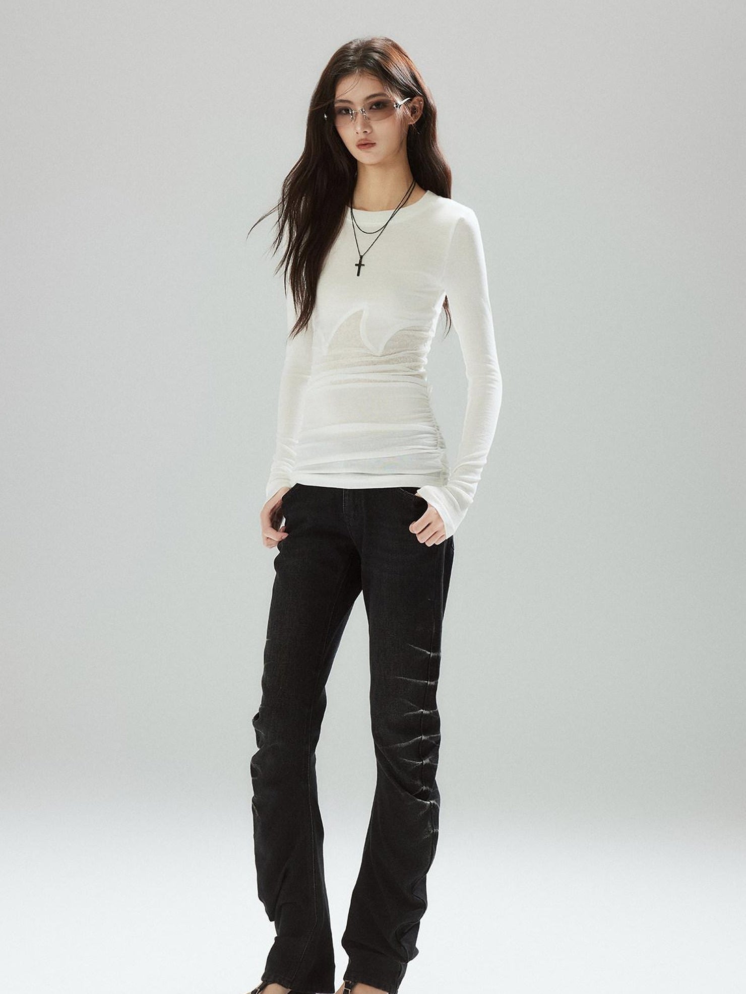 Low pixel Pleated Low Rise Black Micro Stretch Street Slim Everyday Straight Leg Jeans
