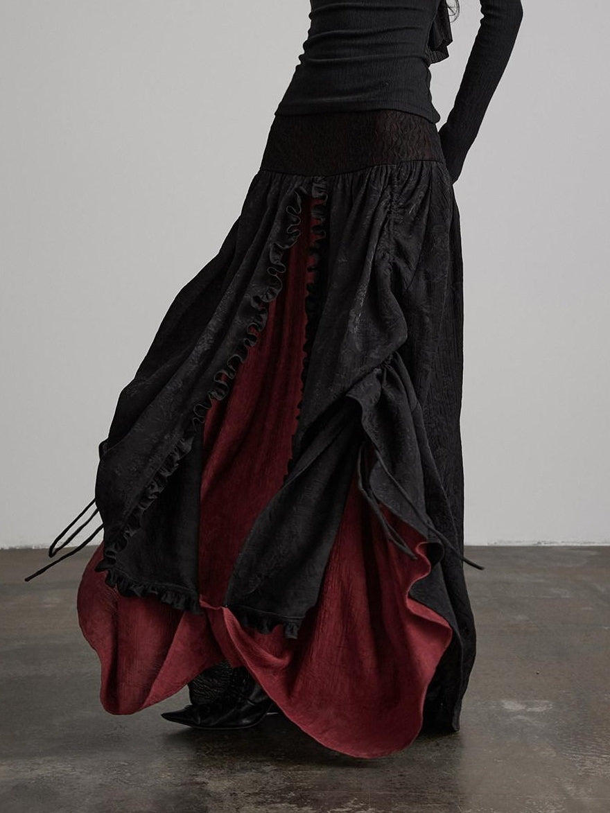 INDULGE Soft Comfy Rayon Ruffle Hem Gothic A Line Side Zipper Black Tiered Skirts