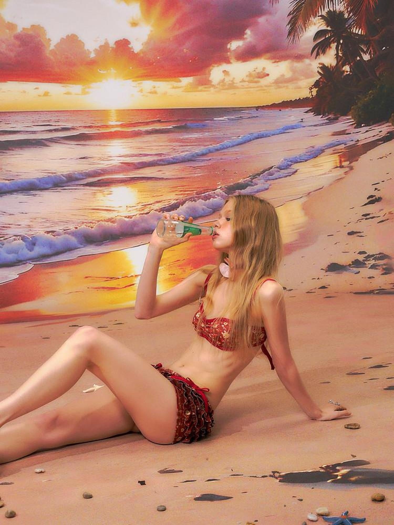 The NeverMore Red Ruffled Layered Skirt Shorts Casual Polyester Two Piece Women Bikini