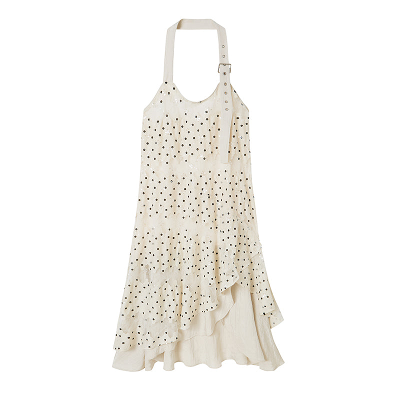 DIDDI MODA Lace Cutout Asymmetrical Halter Maxi Dress