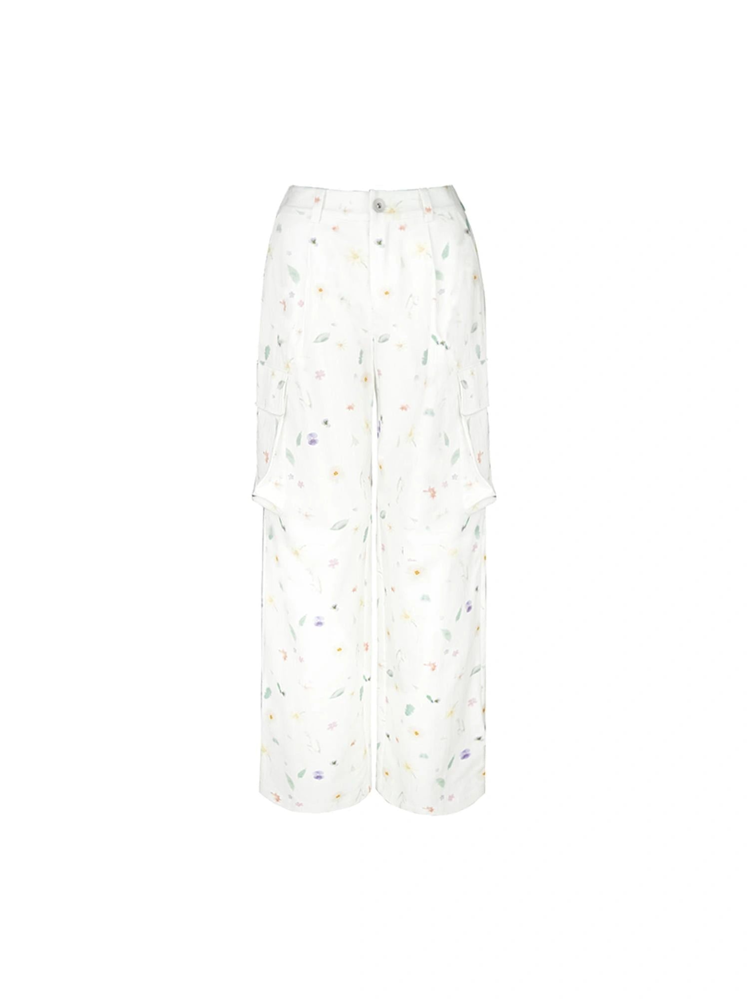 Creative 3D Pocket Beige Casual Floral Print Wide Leg Pants