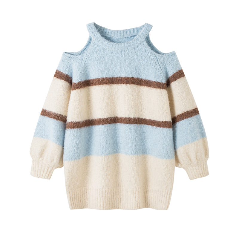 DIDDI MODA Off Shoulder V Neck Striped Knit Sweater
