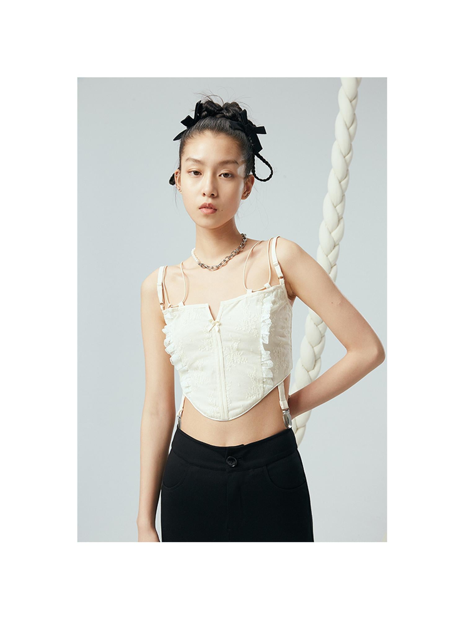 DIDDI MODA Lace Up Floral Jacquard Corset Top