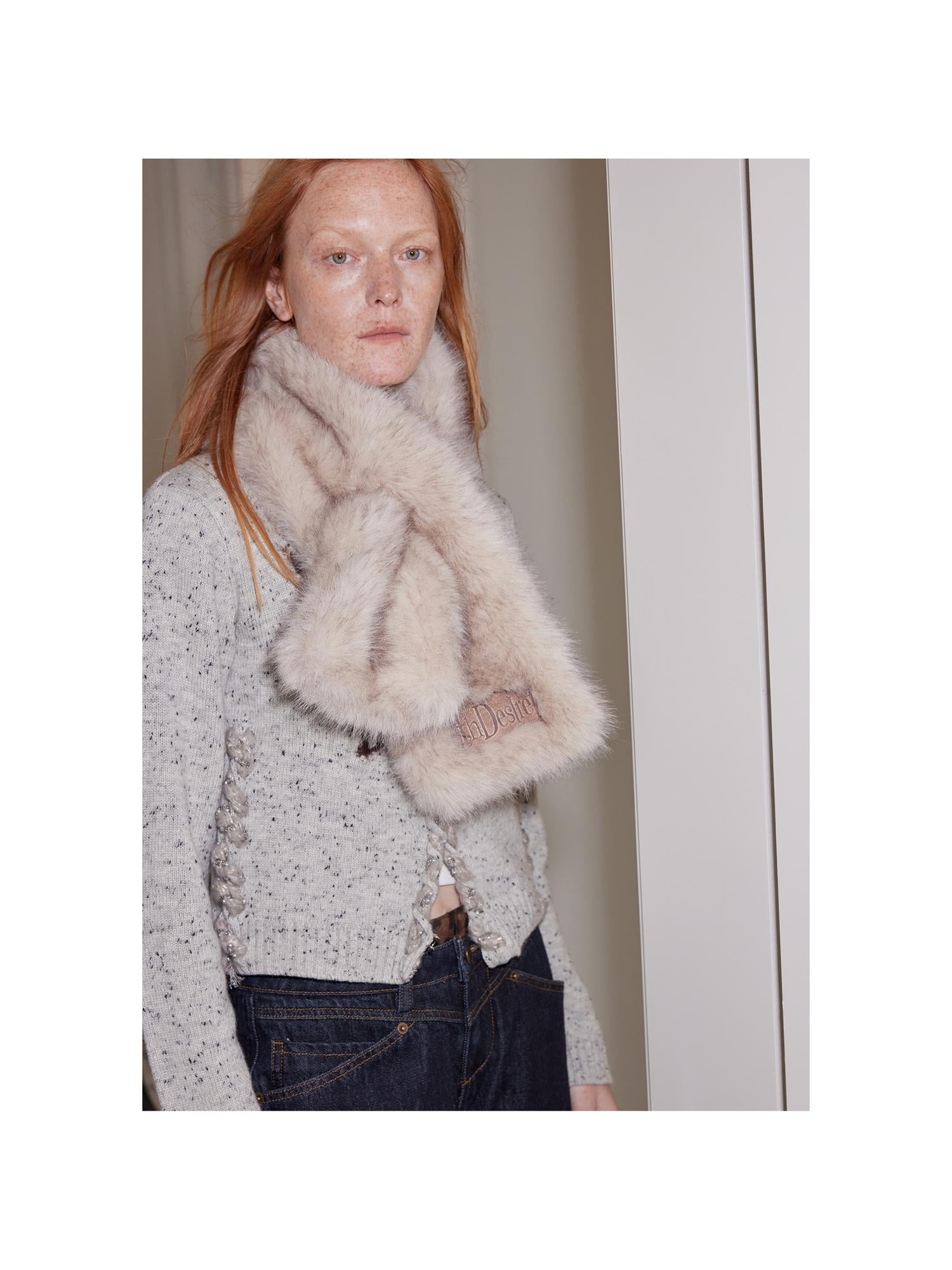 2th Desire Faux Fur Scarf Winter Warm Plush Two-Tone Tip Leather Label