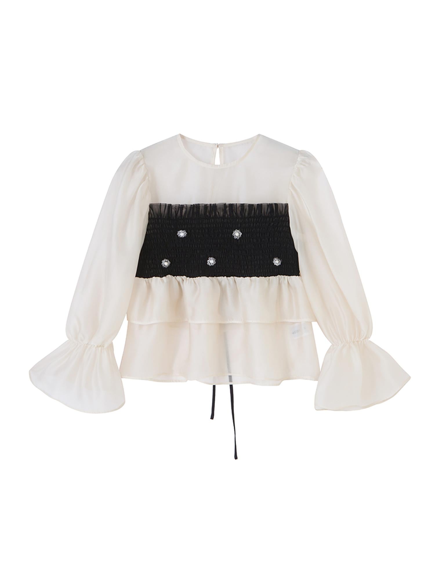 DIDDI MODA Lace Puff Sleeve Crop Top With Sheer Layered Hem