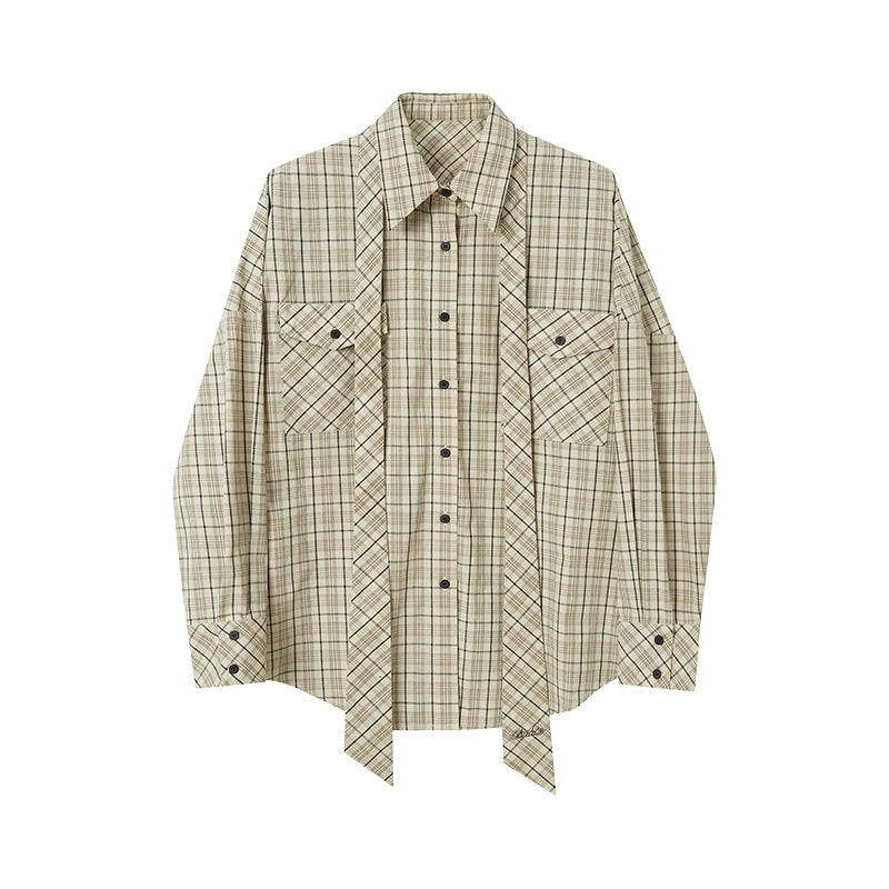 DIDDI MODA Detachable Tie Plaid Shirt Loose Fit Autumn Casual