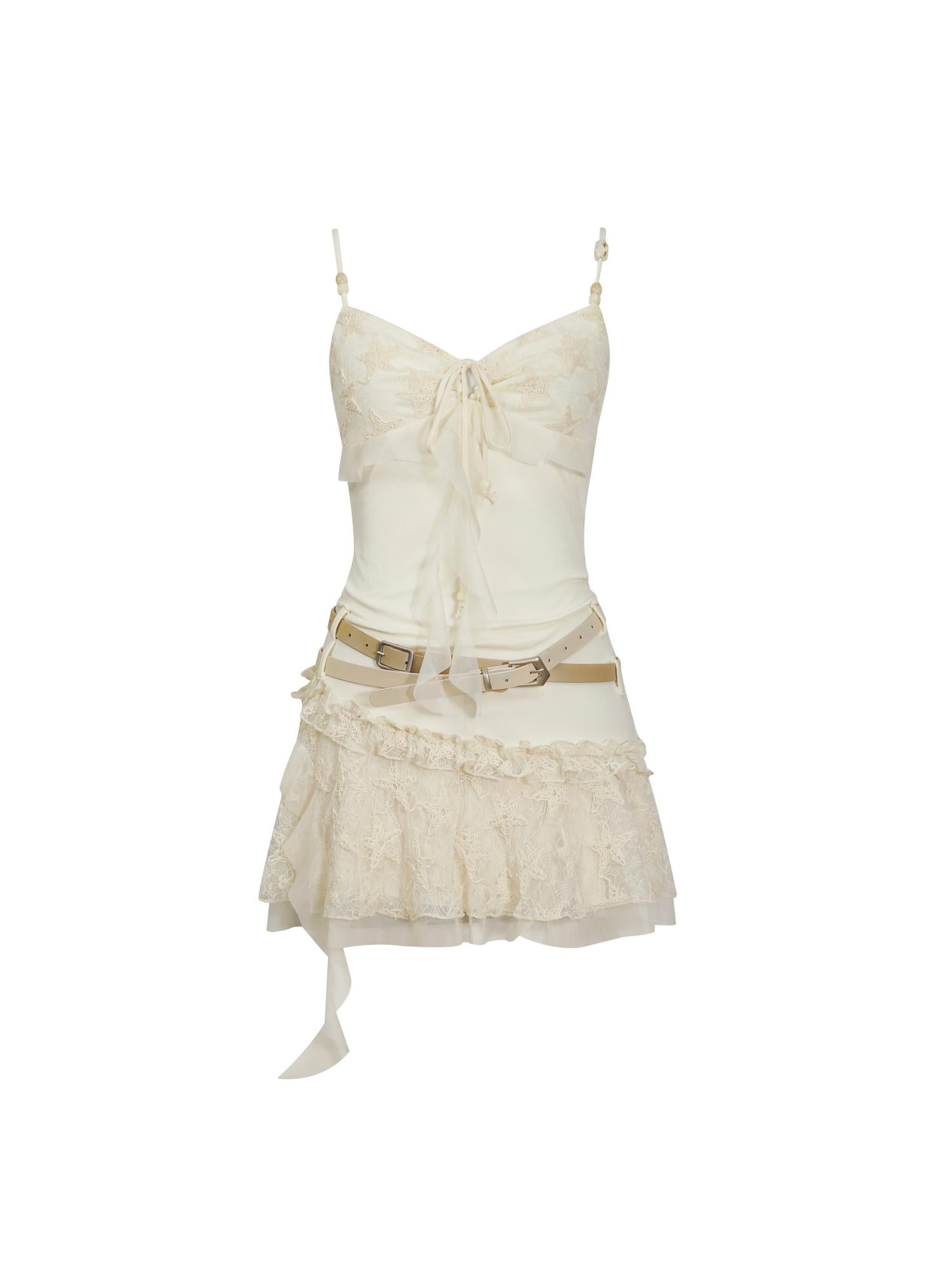 Cest Nous Ruffled Tie Waist Belt Mesh Dress