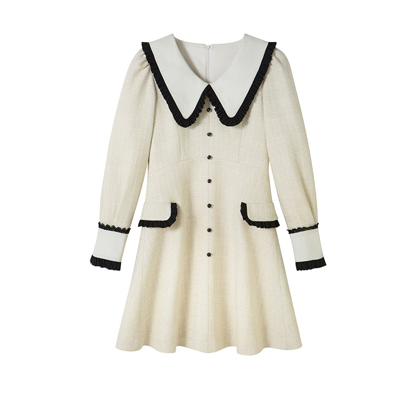 DIDDI MODA Spring Princess Puff Sleeve Pearl Button Flared Dress