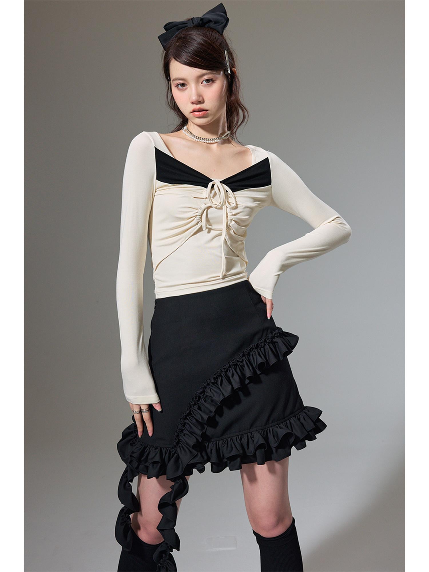 DIDDI MODA Square Neck Spliced Rib Knit Top With Drawstring