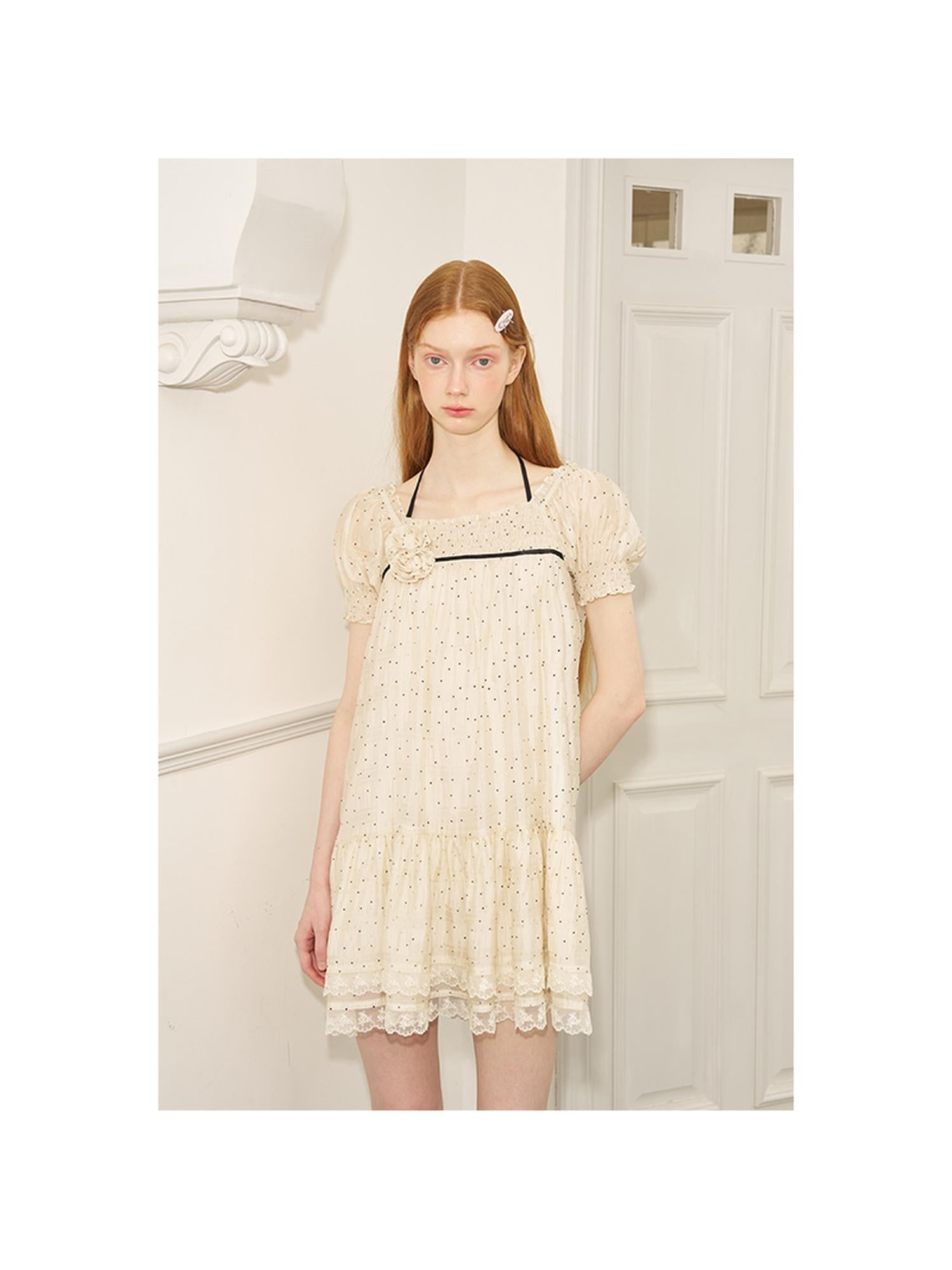 DIDDI MODA Polka Dot Puff Sleeve Floral Ruffle Babydoll Dress