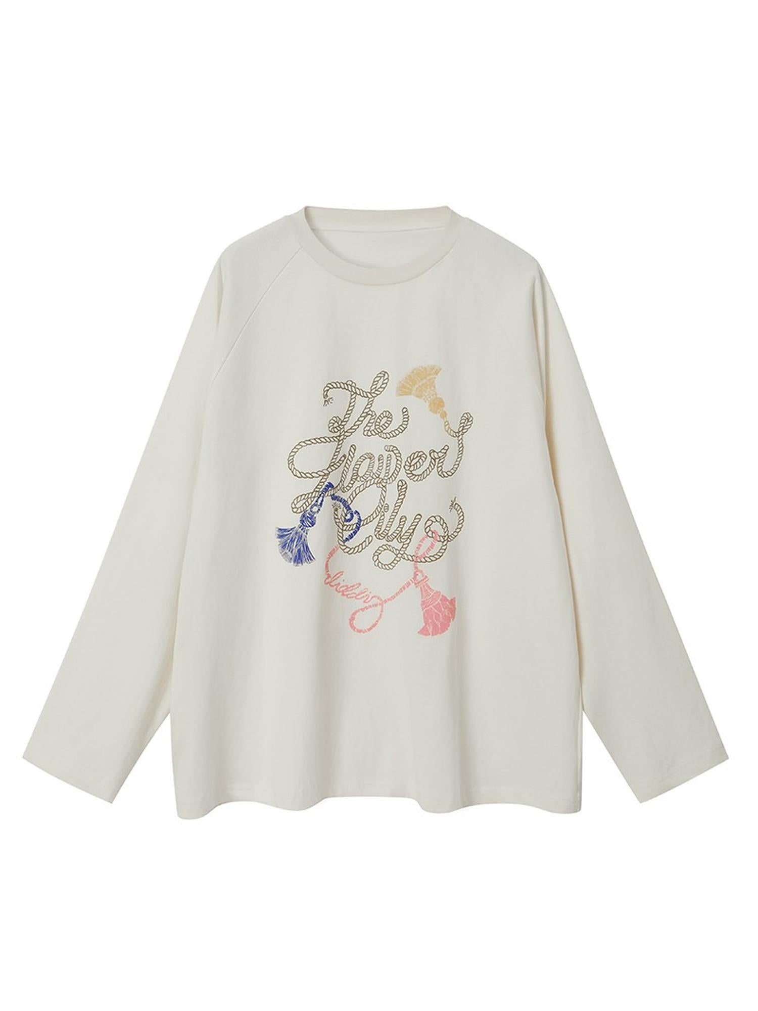 DIDDI MODA Fun Rope Colorful Wheat Print Oversized Knit Tee Bow Silk Blouse