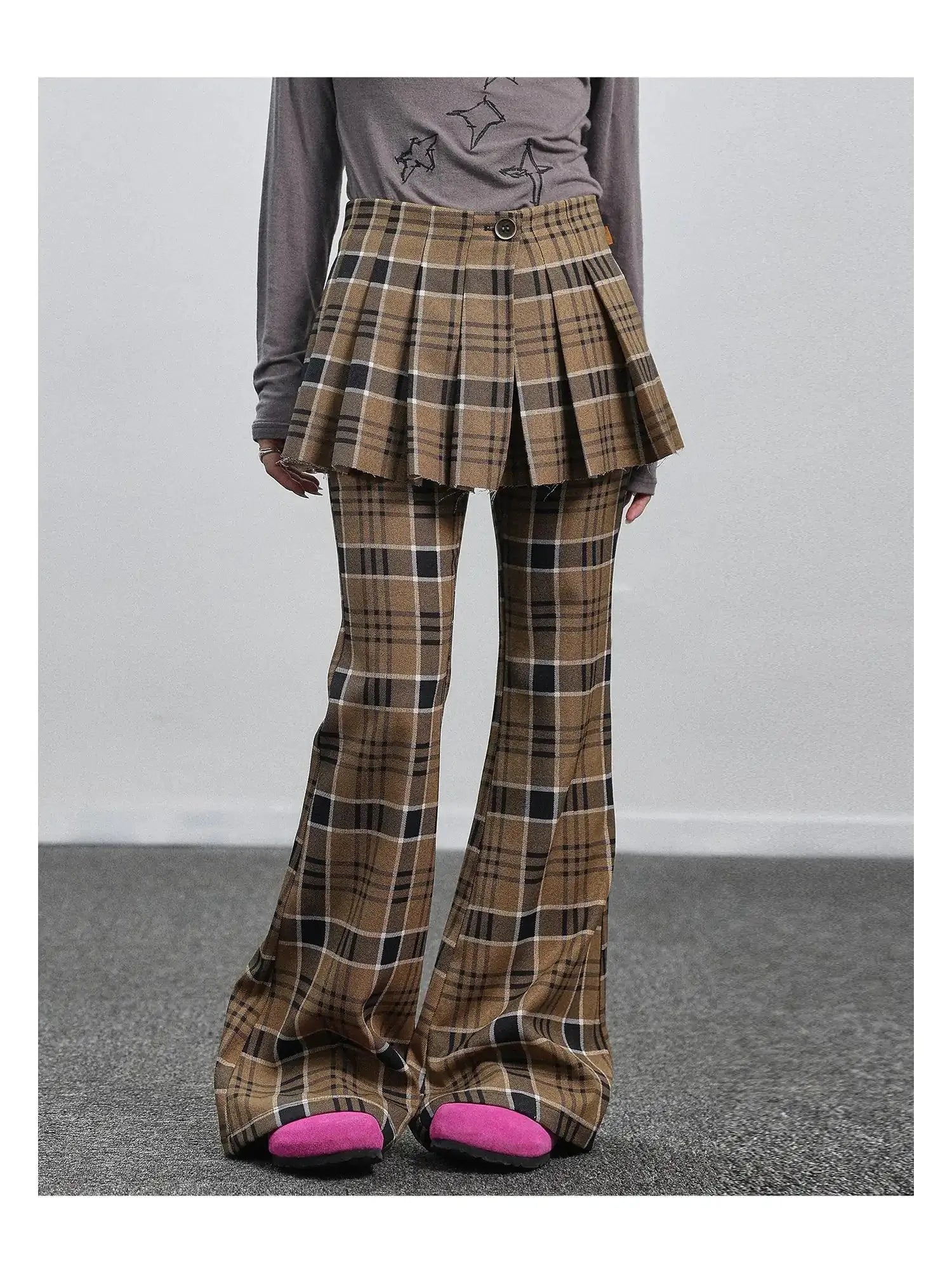 Yellow Checkered Flare Pants 2025 Summer Autumn Casual Wide Leg Trousers