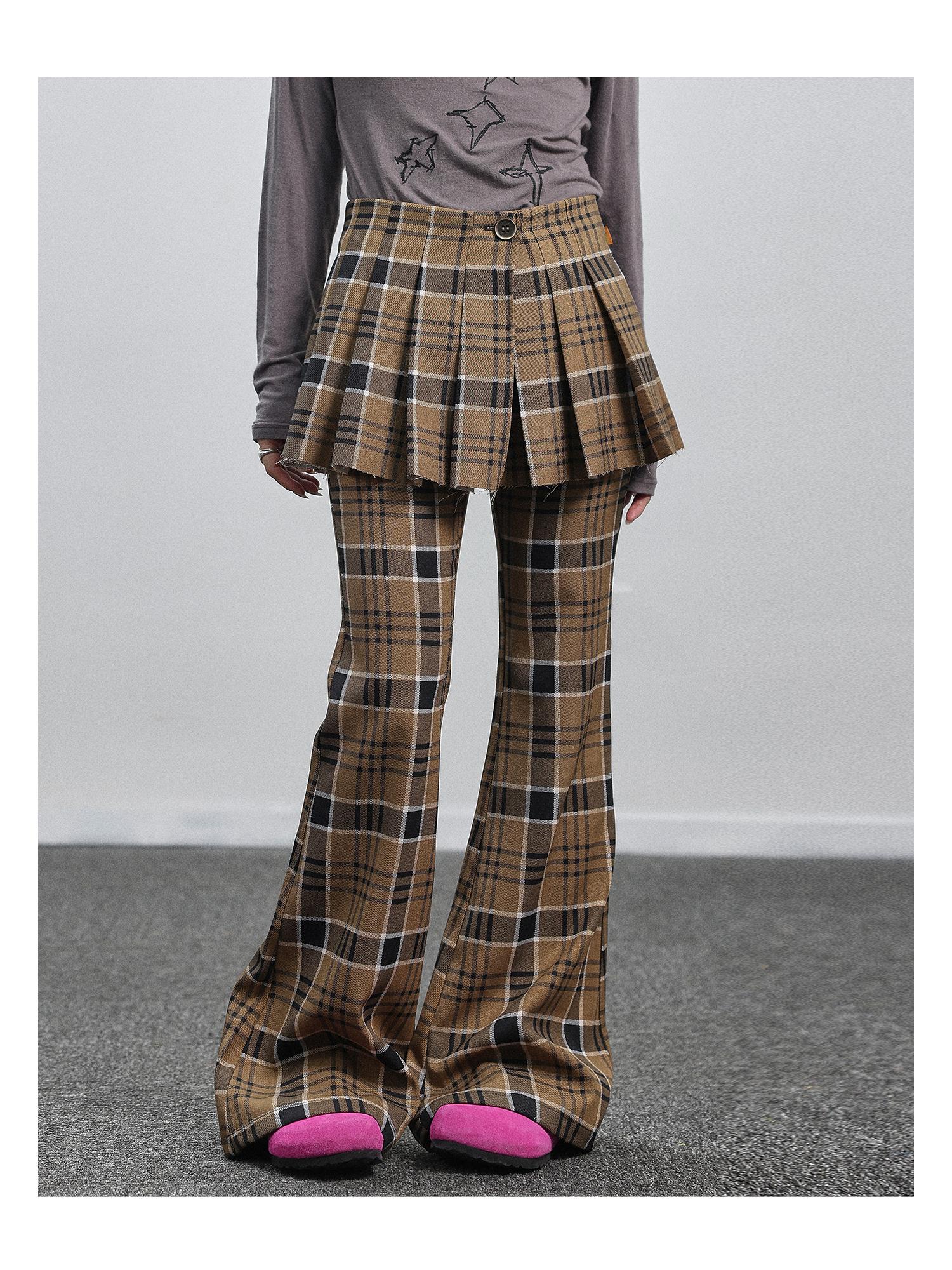 Achihara Yellow Checkered Flare Pants 2025 Summer Autumn Casual Wide Leg Trousers