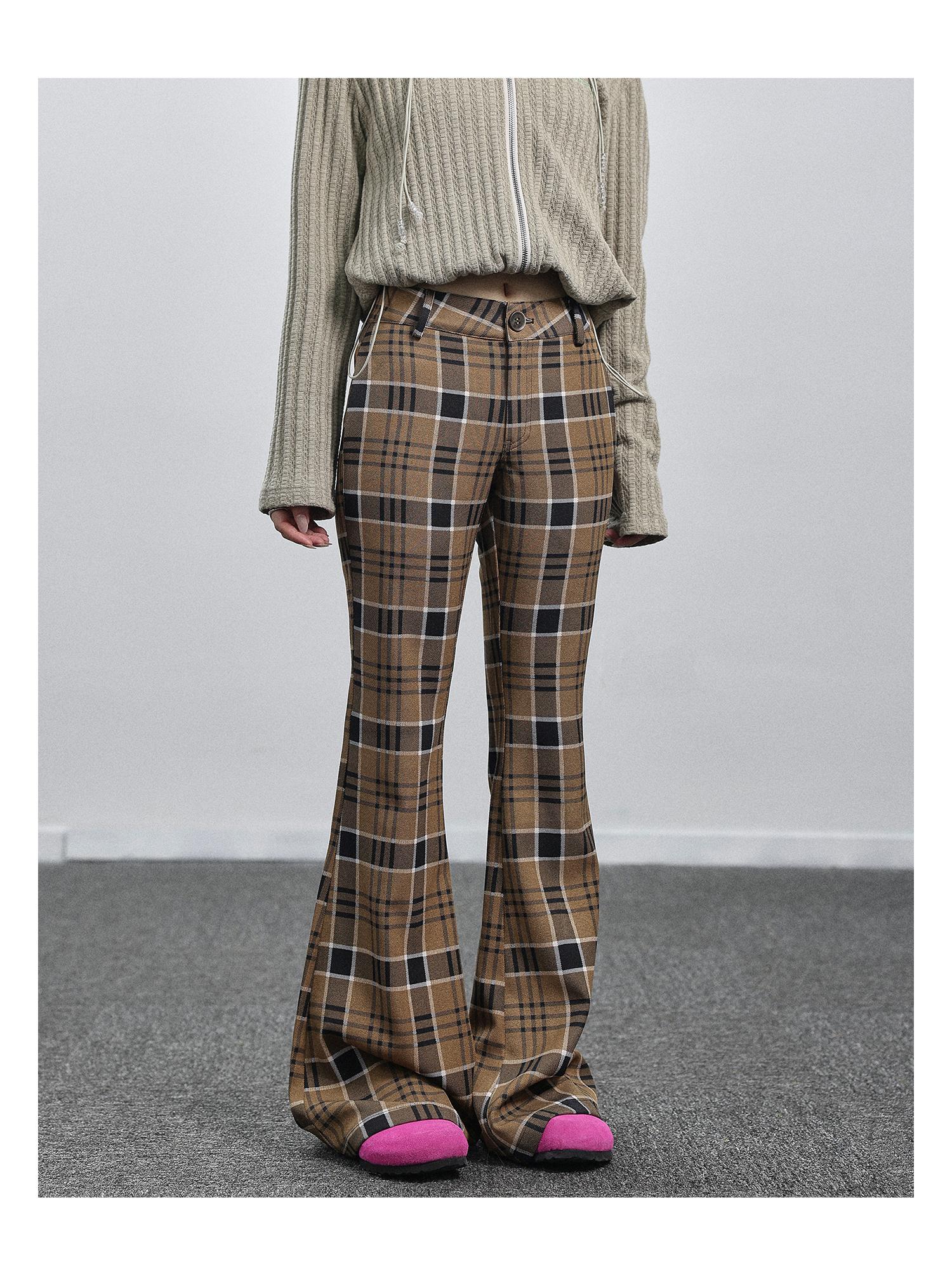 Achihara Yellow Checkered Flare Pants 2025 Summer Autumn Casual Wide Leg Trousers