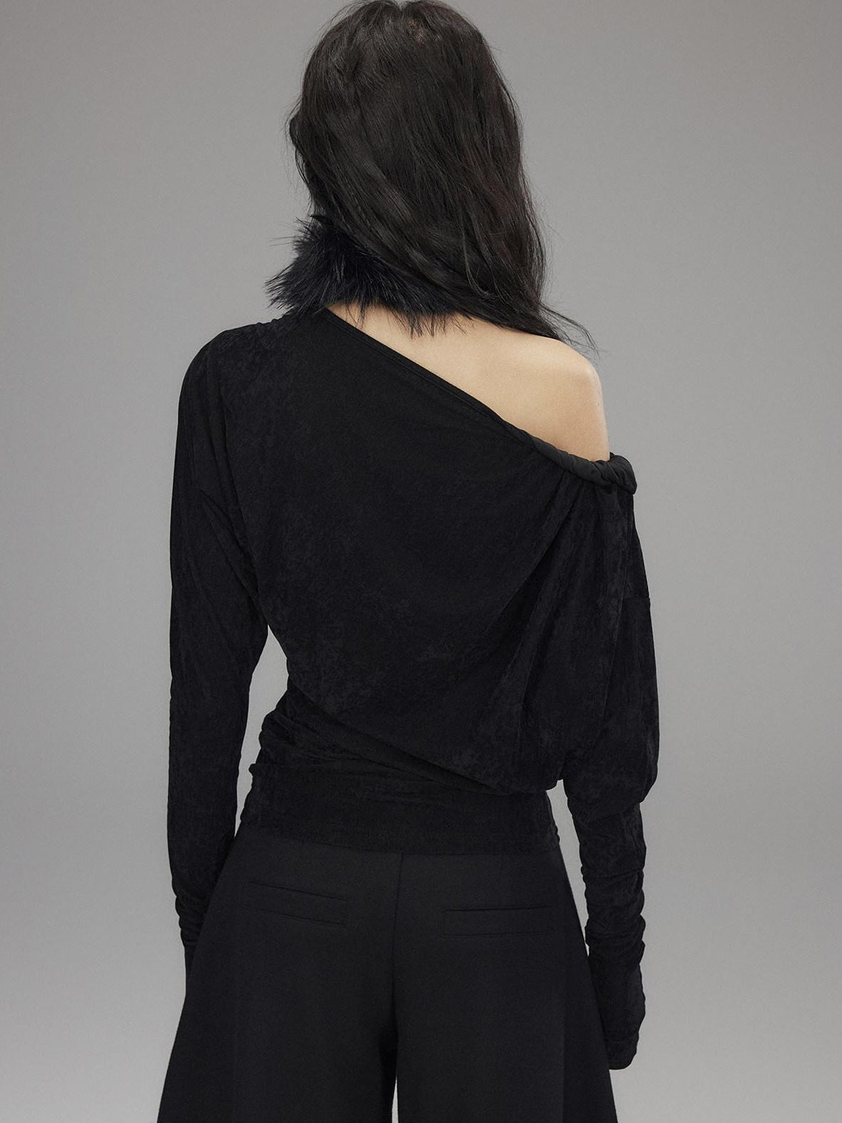 Low pixel Vintage Waist Long Sleeve Slant Neck Black Knit Women Off Shoulder Crop Tops