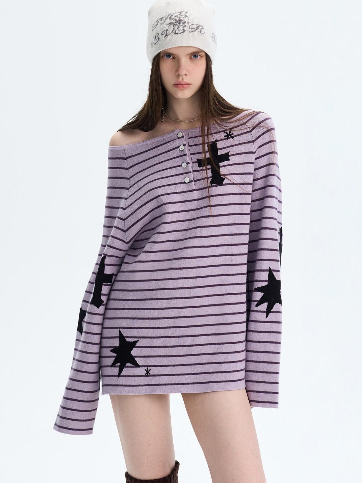 The NeverMore Sexy Colorblock Oversized Crewneck Short Striped Button Pullover Women Sweaters