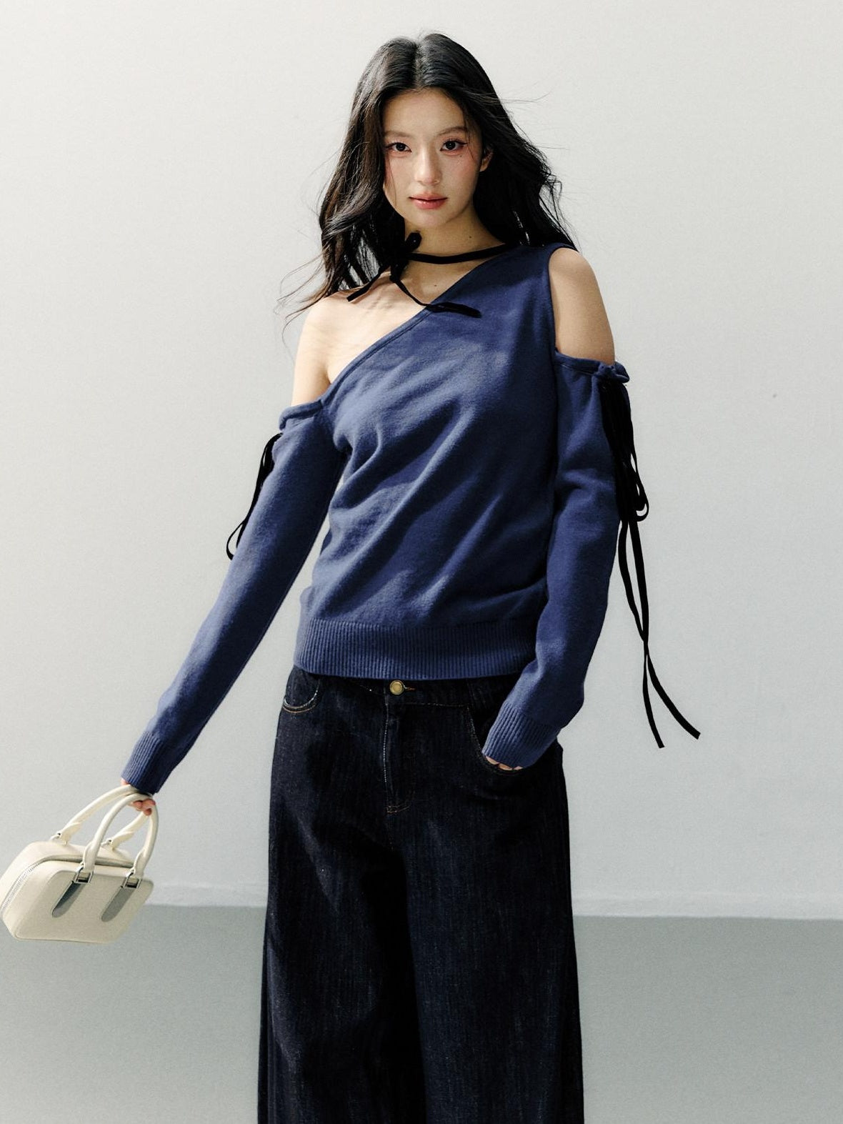 7Shiftin Cozy Casual Loose Backless Women Knit Pullover Blue Long Sleeve Sweaters