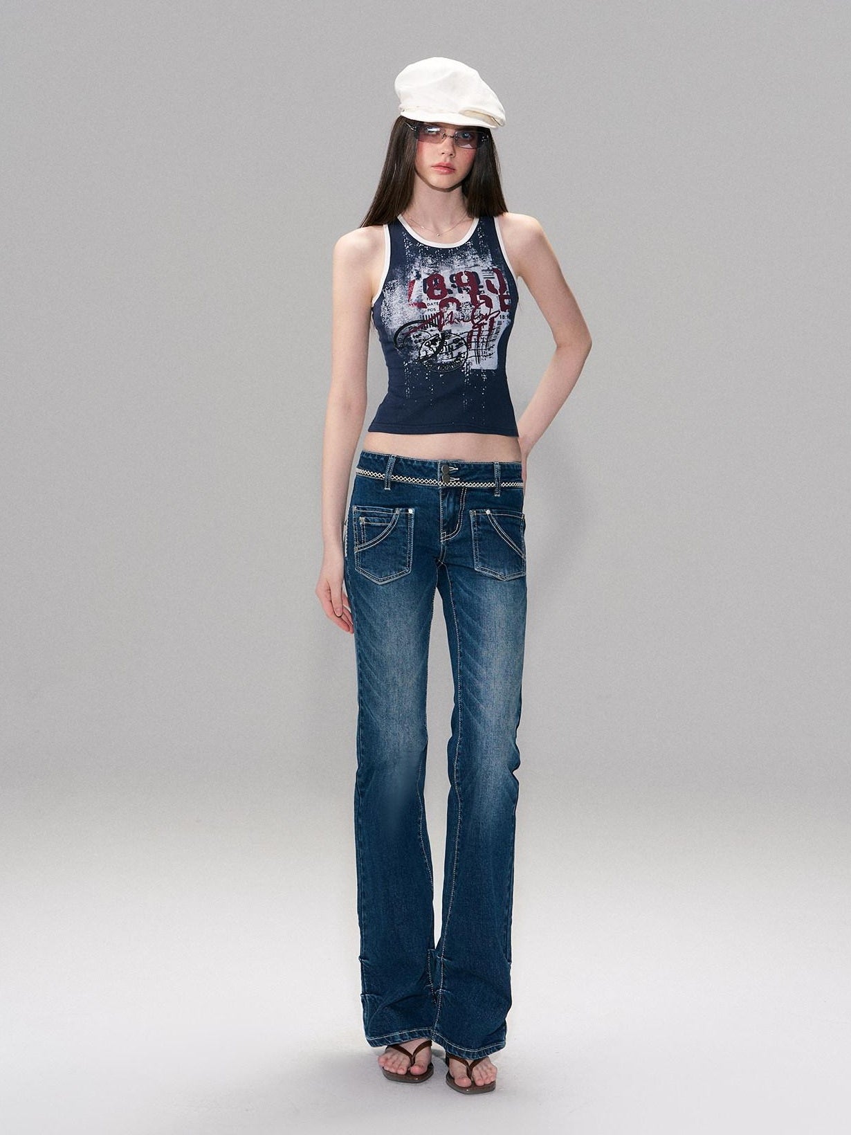 The NeverMore Soft Stretch Cotton Slim Fit Round Neck Printed Cropped Women Navy Camisoles