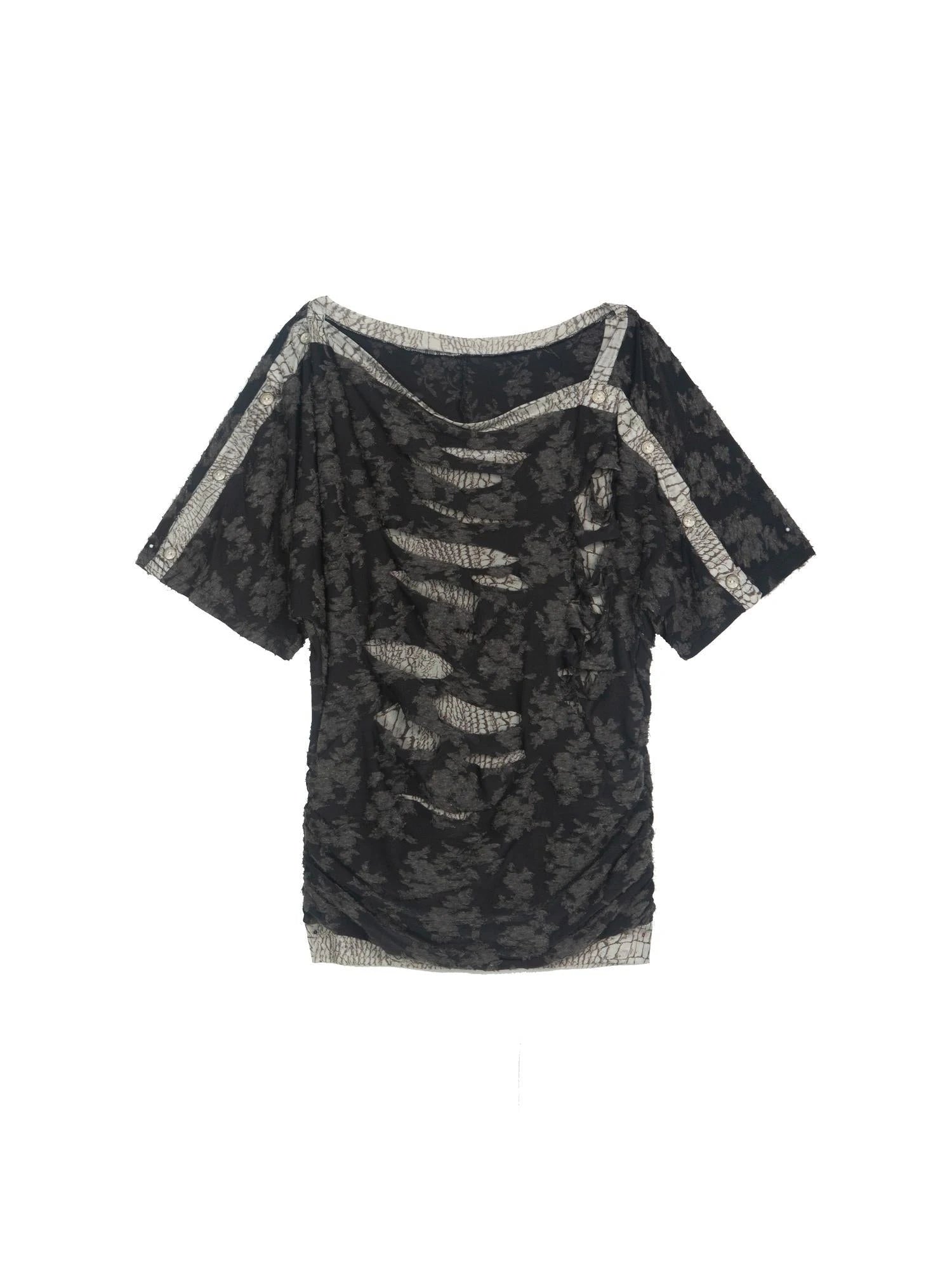 Vintage Y2K Collage Tee Asymmetrical Cut Out Top Retro Contrast Splicing