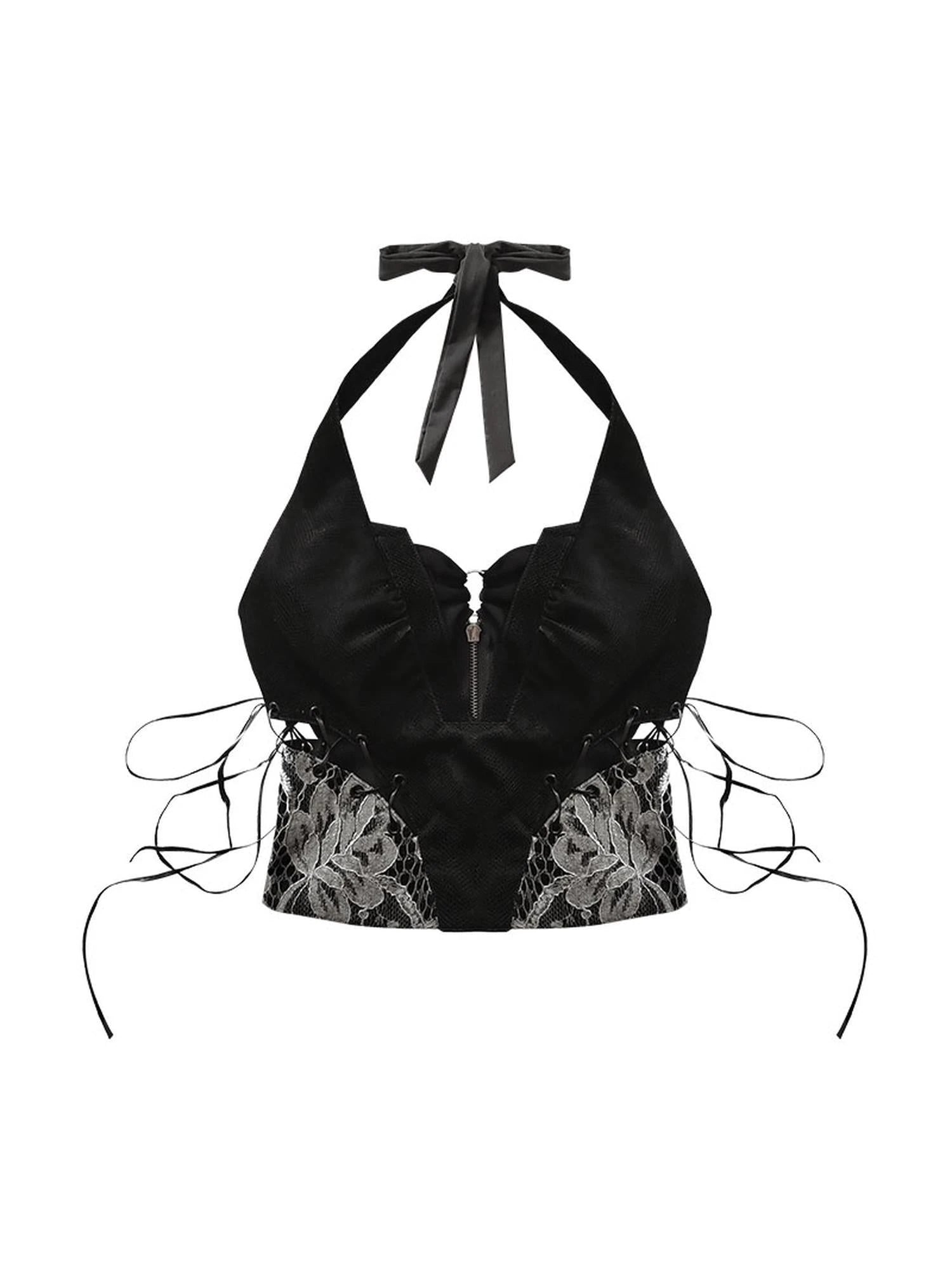 Sexy Snake Pattern Lace Leather Vest Deep V Neck Black Top