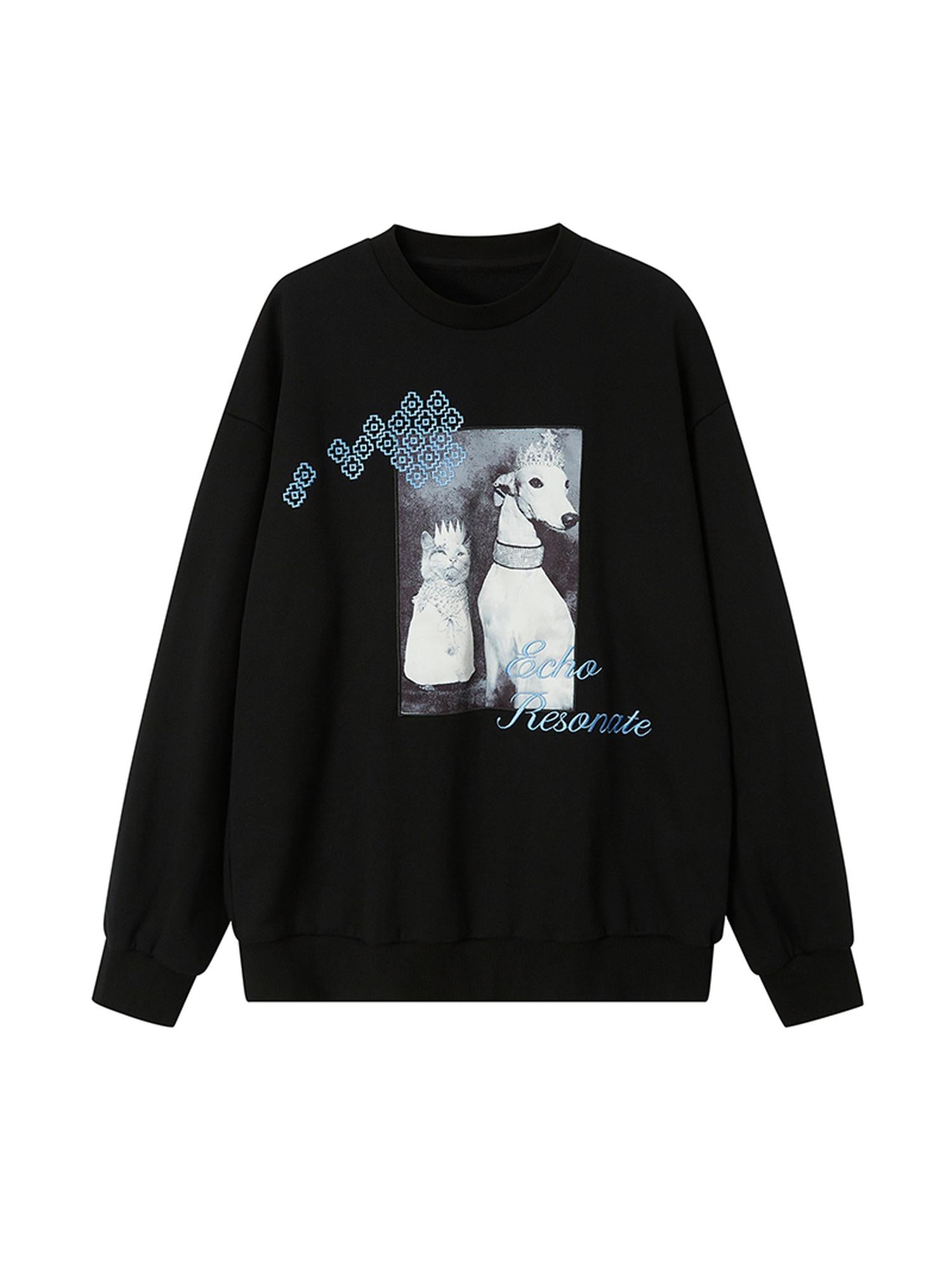 DIDDI MODA Cat Dog Crown Embroidered Loose Cotton Sweatshirt