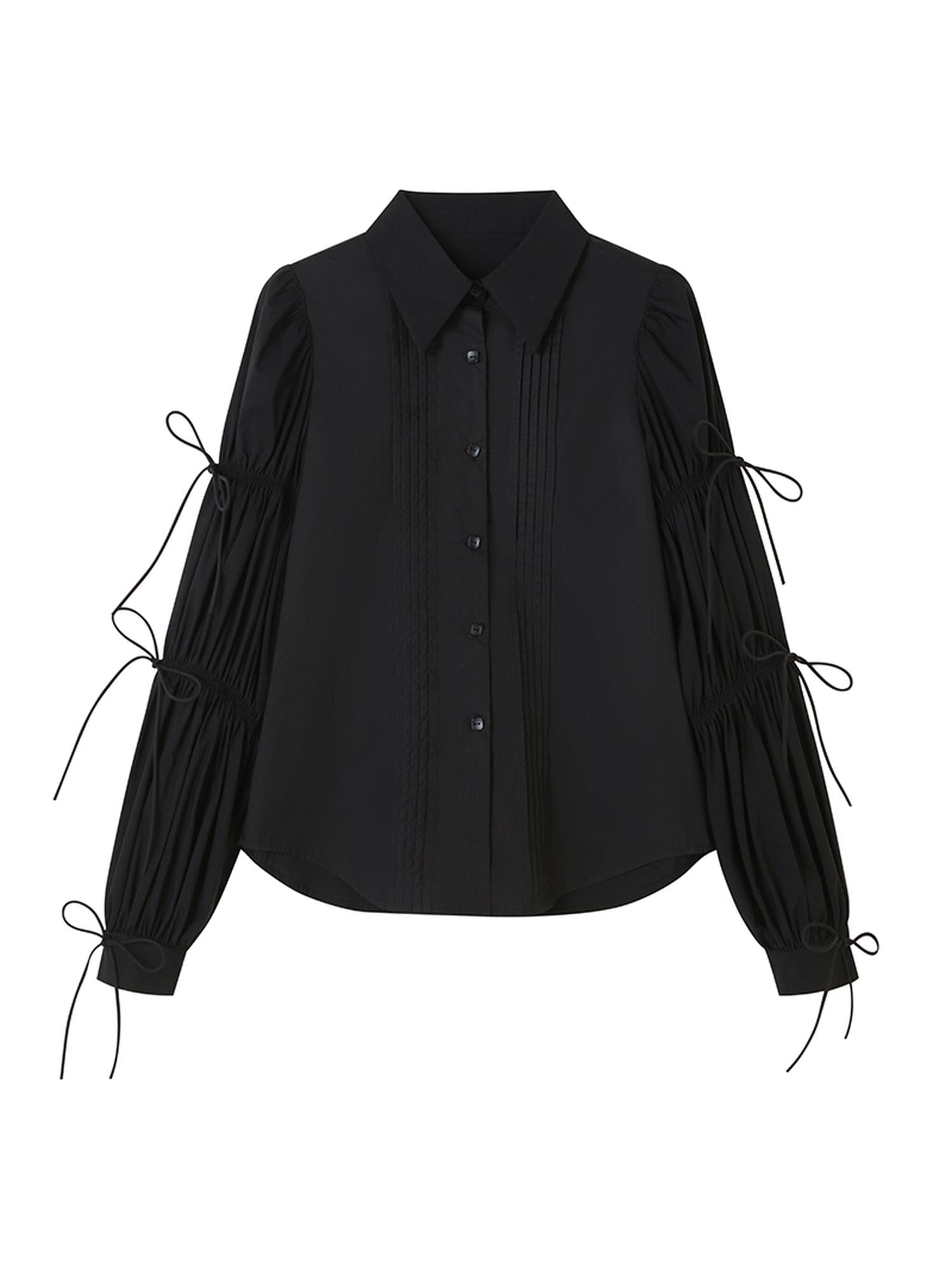 DIDDI MODA French Retro Puff Sleeve White Cotton Blouse With Ruffles Shell Buttons