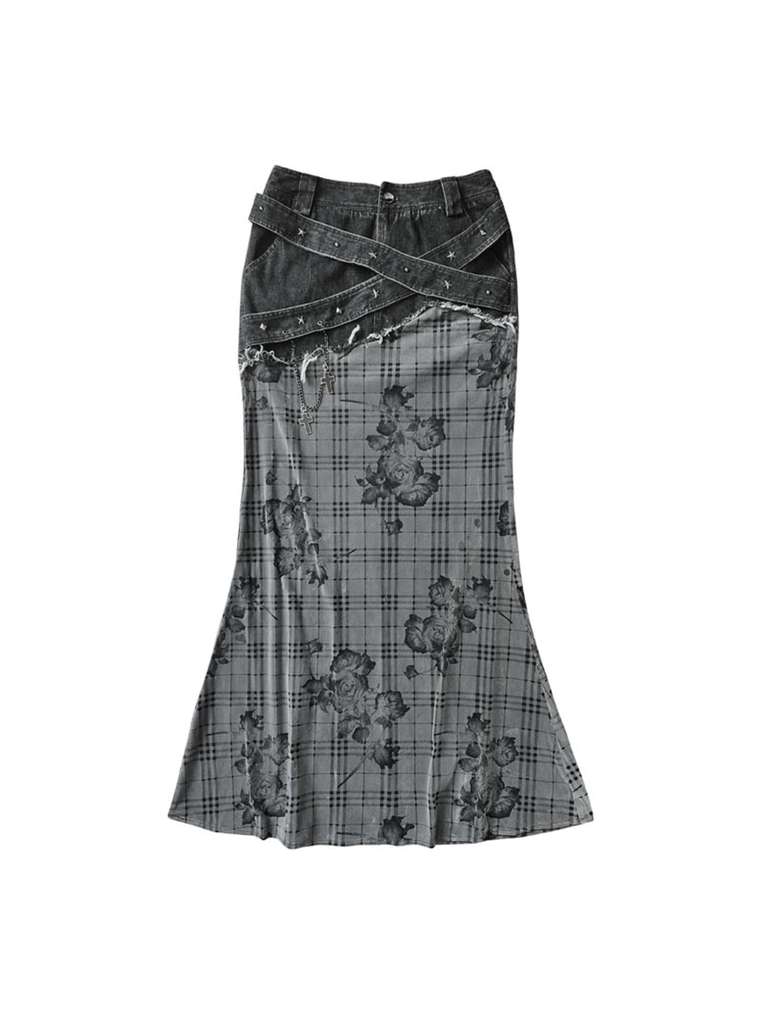 WSW WUSHENWU Low Saturation Denim Patchwork Rose Plaid Skirt