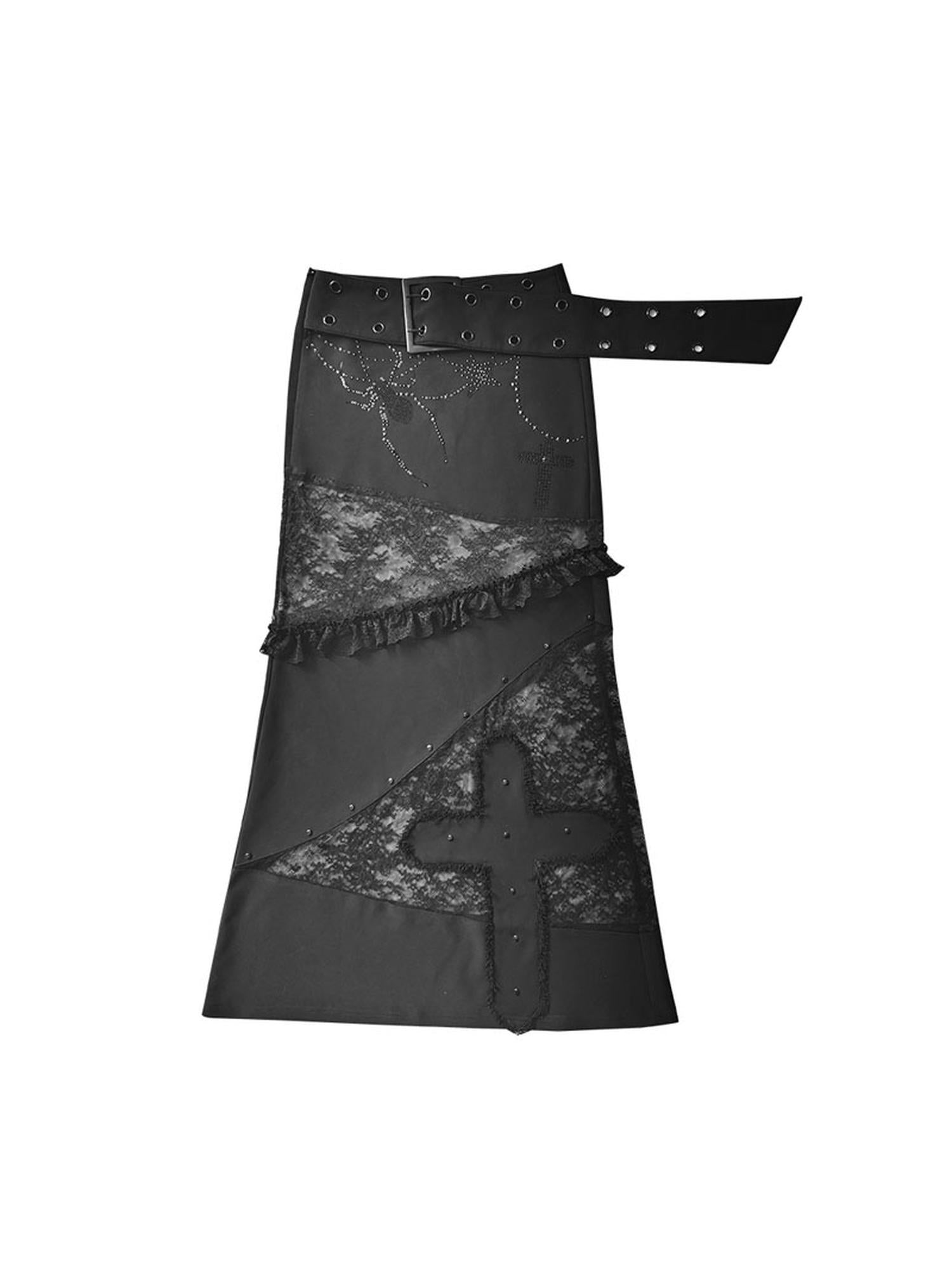 WSW WUSHENWU Lace Patchwork Dark Low Rise Slim Straight Skirt