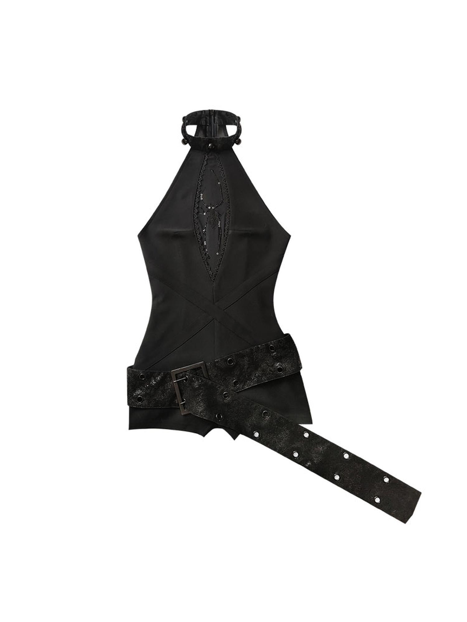 WSW WUSHENWU Black Pearl Rhinestone Cutout High Waist Slim Fit Pants