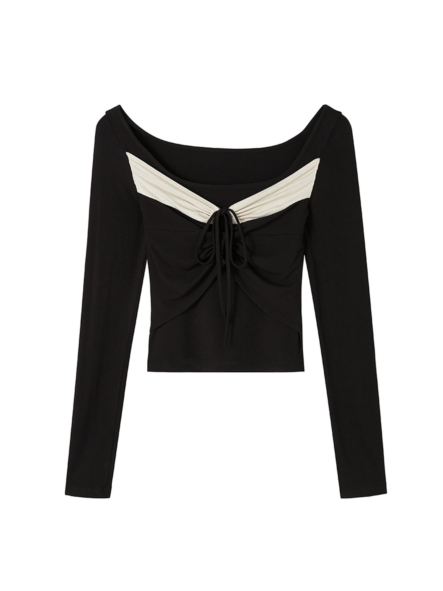 DIDDI MODA Square Neck Spliced Rib Knit Top With Drawstring