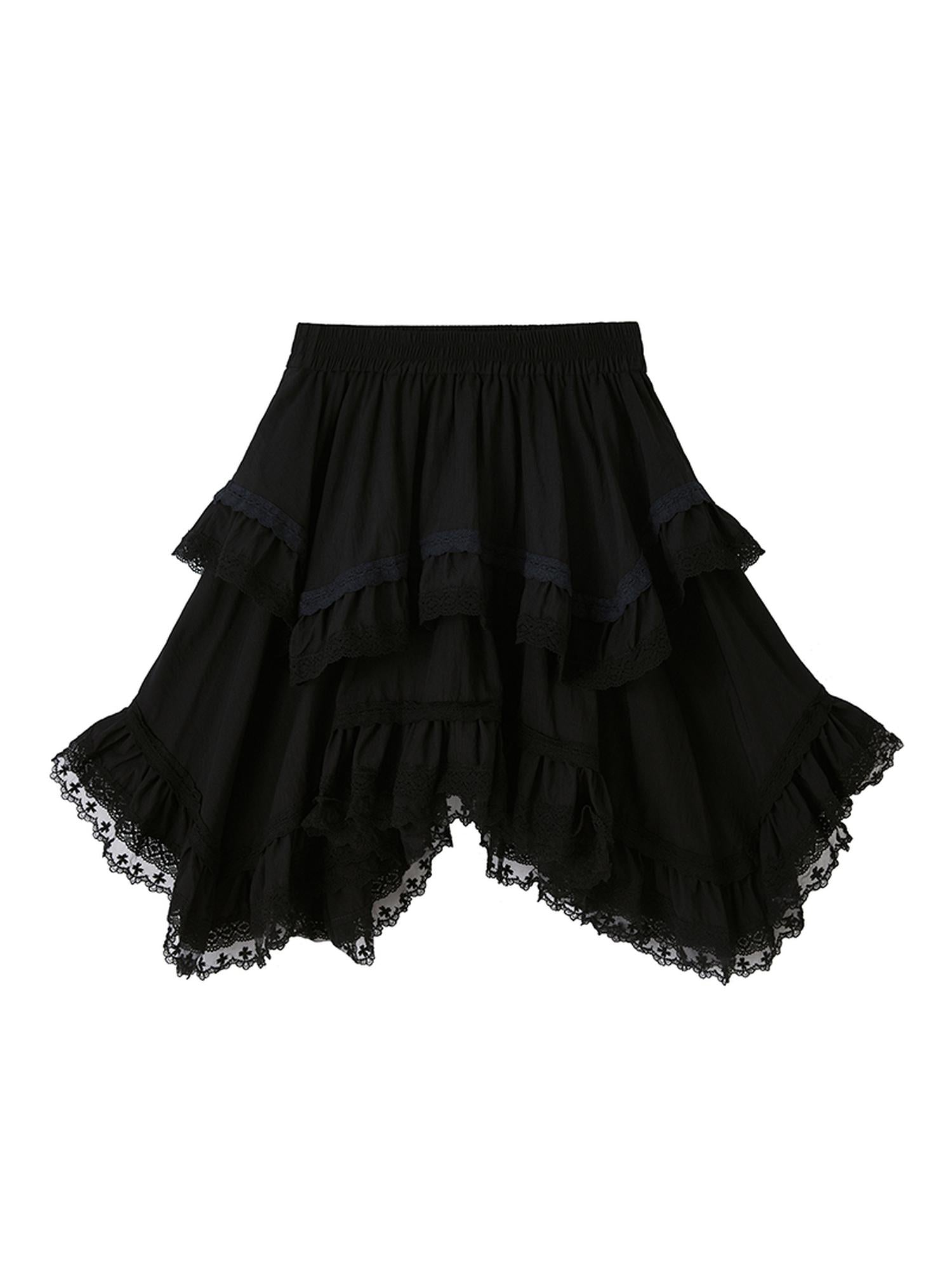 DIDDI MODA Romantic Lace Tiered Asymmetrical Midi Skirt