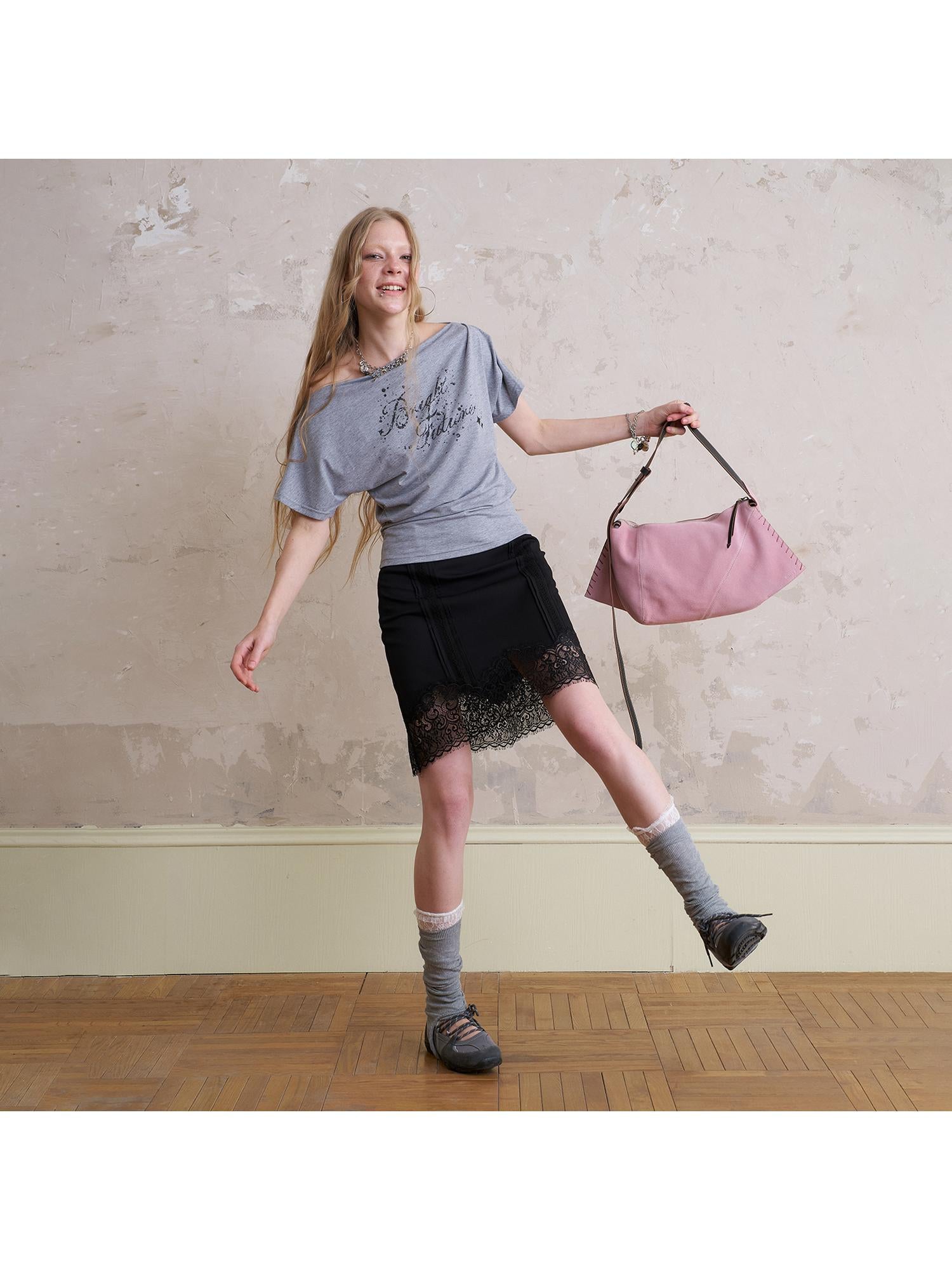 DIDDI MODA Elegant Lace Trimmed Tuck Skirt