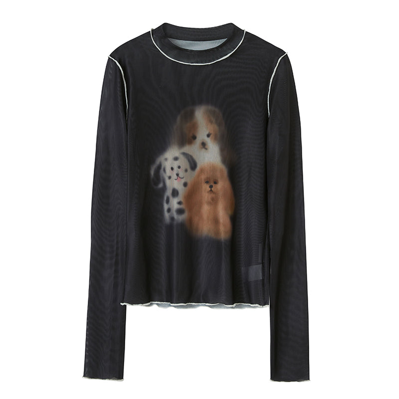 DIDDI MODA Puppy Print Sheer Black Tee