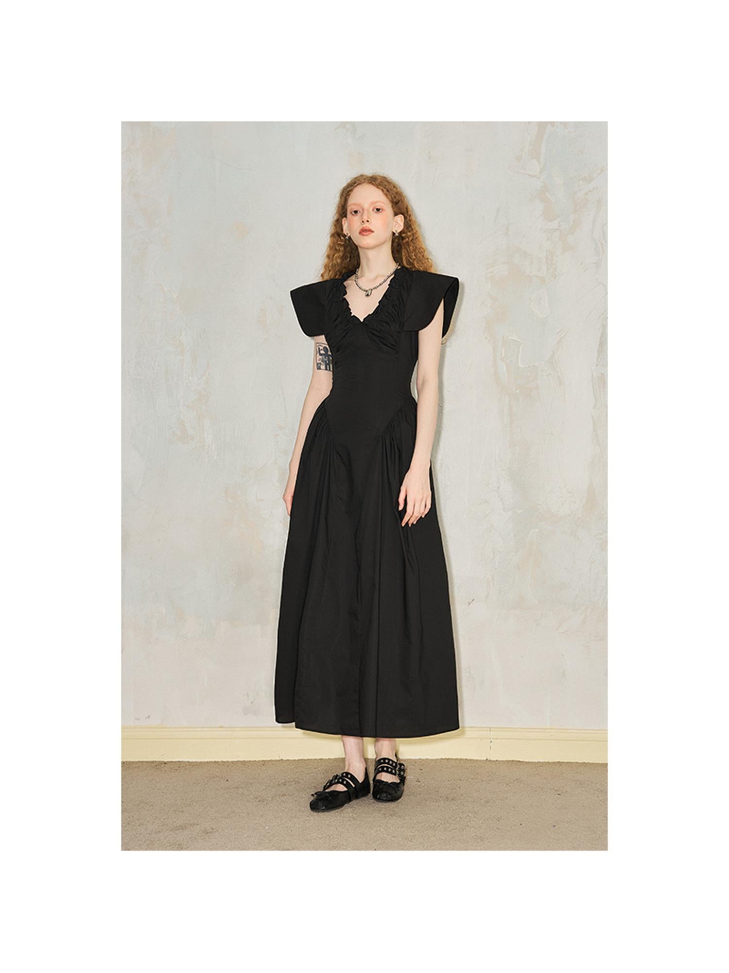 DIDDI MODA Elegant Sweet V Neck Flutter Sleeve Smocked Waist Maxi Dress