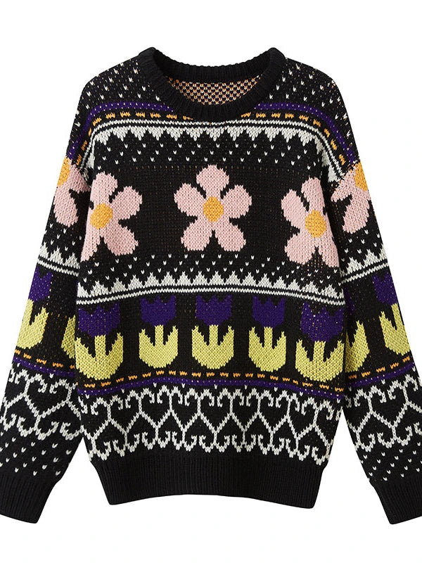 Colorful Floral Jacquard Slim Sweater