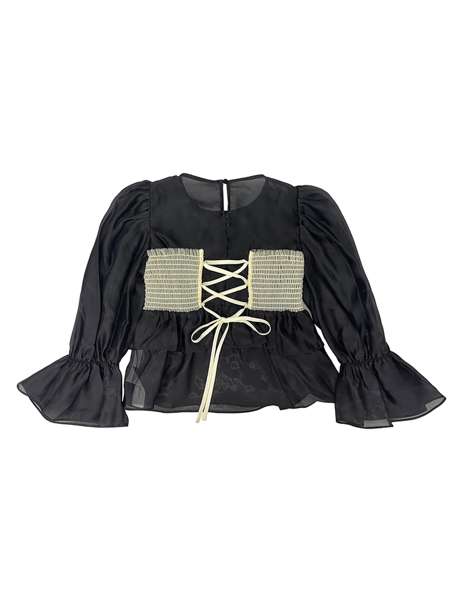 DIDDI MODA Lace Puff Sleeve Crop Top With Sheer Layered Hem