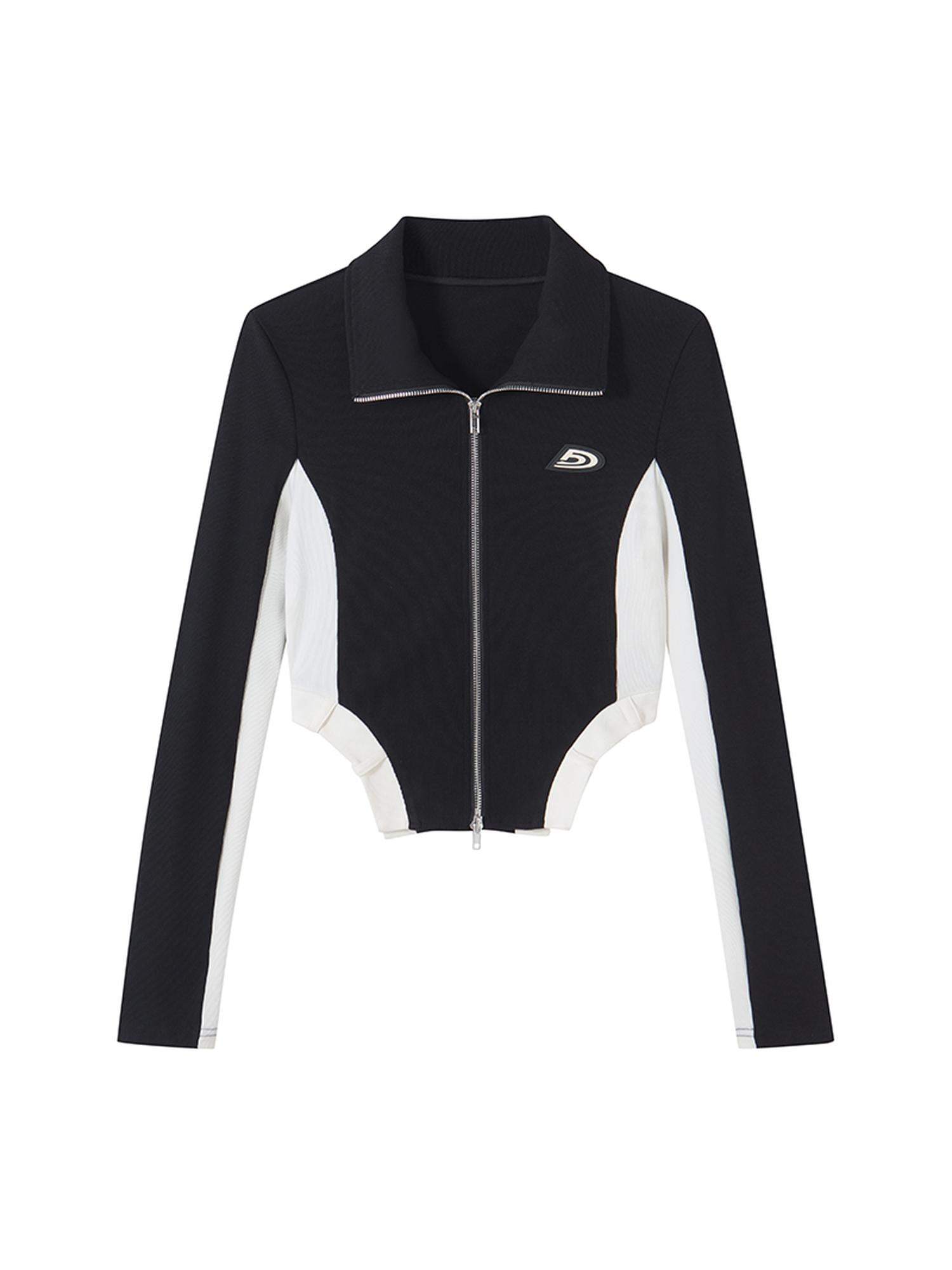 DIDDI MODA Retro Knit Zip Up Crop Top With Color Blocking